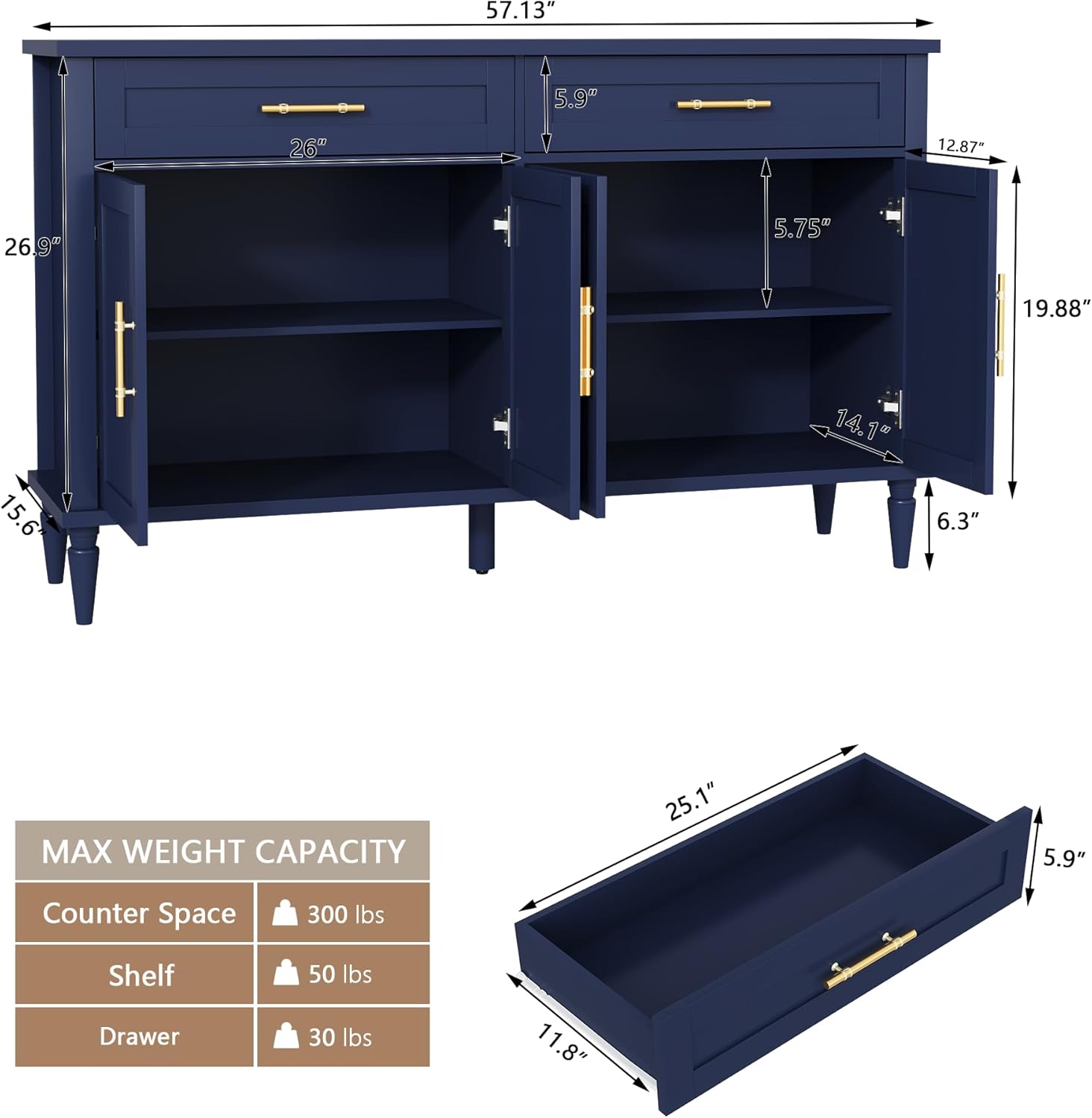 58 Inch Sideboard Buffet Cabinet with Storage, Fluted Buffet Storage Cabinet with 2 Drawers and 4 Doors, Modern Coffee Bar with Adjustable Shelves for Living Room, Kitchen (Blue)