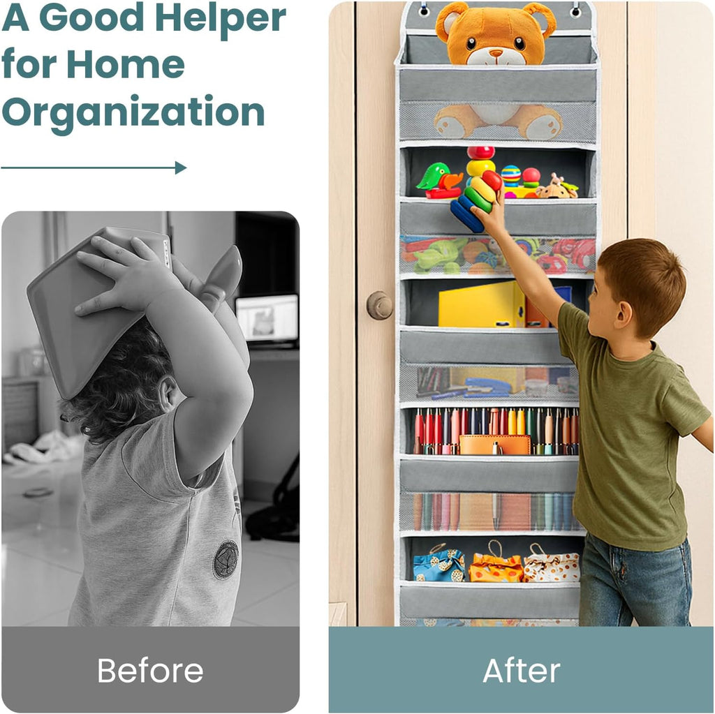 Easy Assembly Over The Door Organizer, 6 Shelves& 10 Side Pockets, Heavy-Duty Reinforced Mesh Rack Holds 44lb, Hanging Behind Door Storage for Bathroom Pantry, Nursery, Closet, Shoes, Towels-Grey