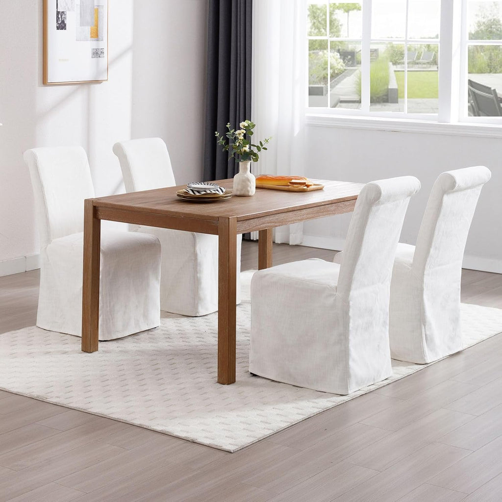 Parsons Dining Chairs Set of 6, Upholstered Slipcovered Dining Room Chairs with Removable Washable Skirt, High Back Kitchen Chairs with Solid Wood Legs, Cream White Linen Fabric