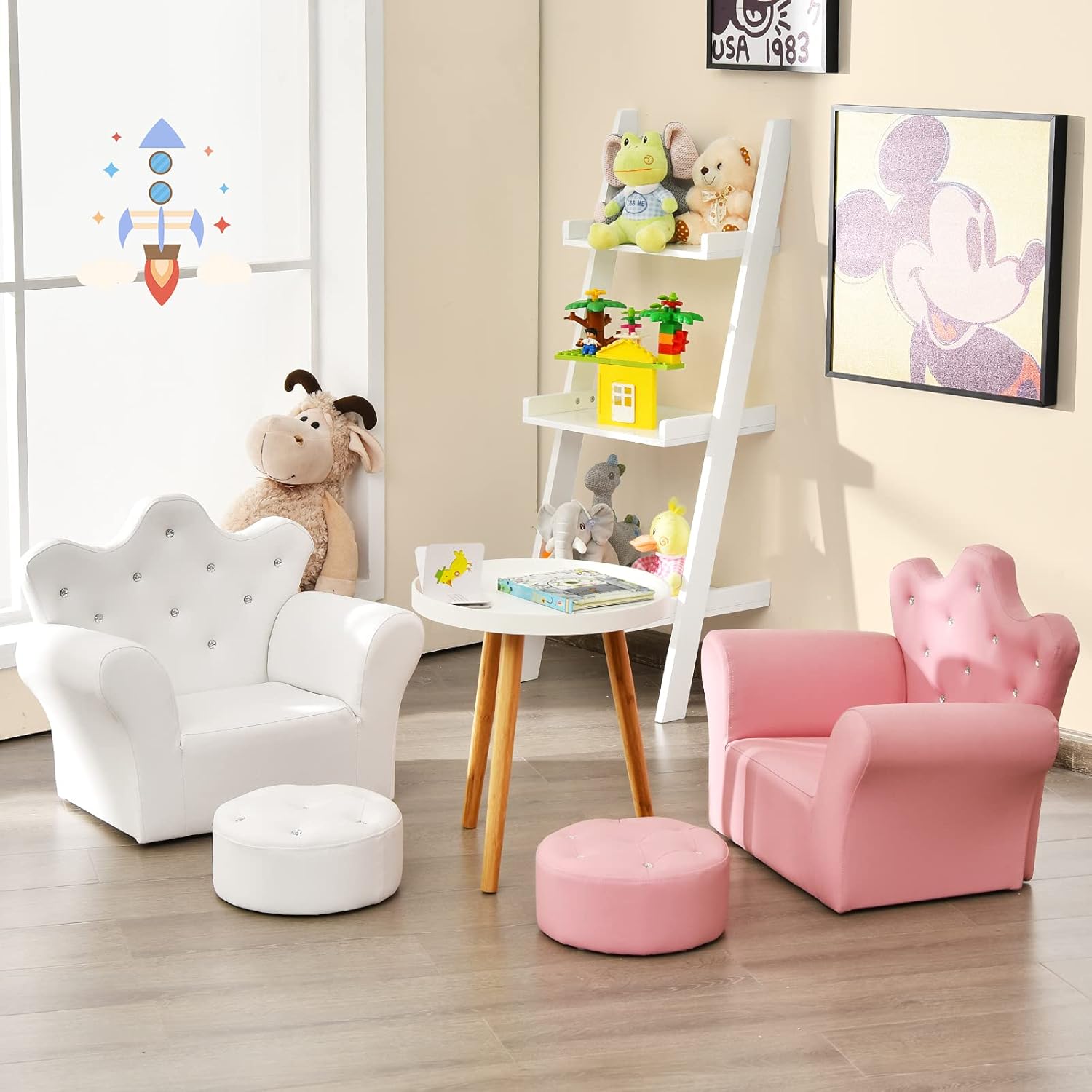 MAT EXPERT Toddler Couch with Ottoman, Kids Royal Sofa Couch with Smooth PVC Leather, Crown Shape & Diamond Buckle Decoration, Upholstered Kids Sofa, Ideal for Boys & Girls Age 3-5 (White)