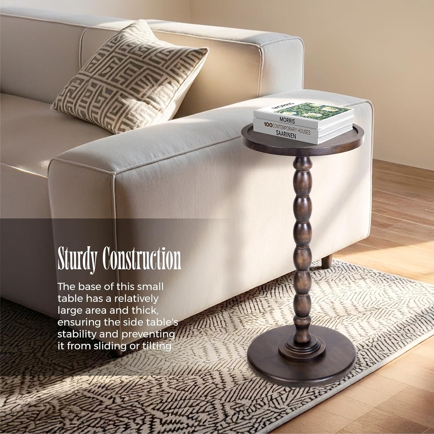 Solid Wood Round Pedestal Side Table with Tray-Top Rim – Bobbin Turned Accent End Table for Living Room, Bedroom – Compact Small Round Drink Table with Stable Base, Nightstand with Table Solid Wood