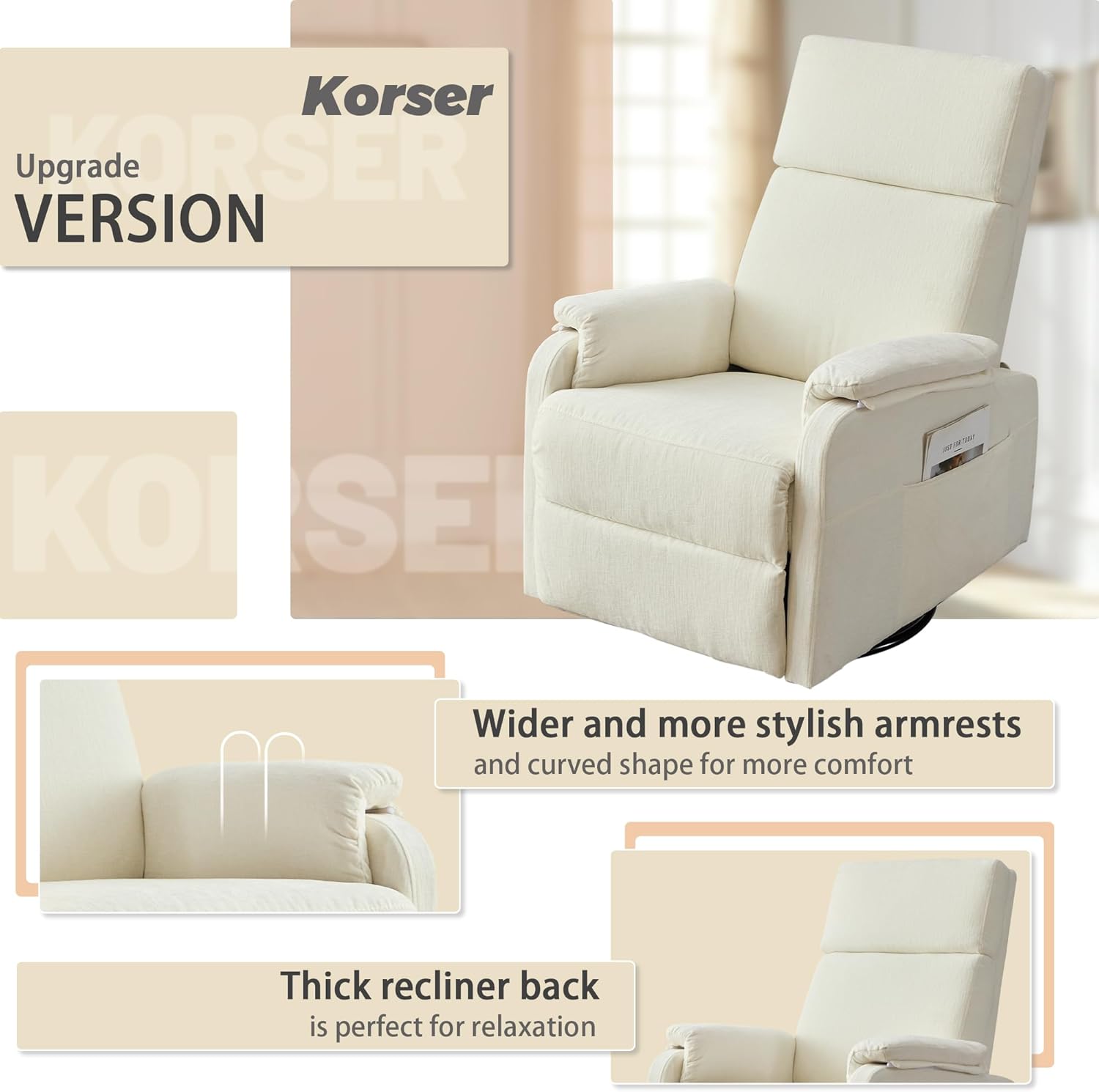Korser Recliner Chair, Swivel Rocking Recliner Chair for Adults, Glider Rocking Chair, Small Nursery Chair Recliner for Living Room, Reclining Chair with Modern-Designed Armrests, Chenille, Beige