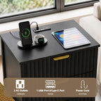 Fluted Nightstand Set of 2, 3 Drawers Modern | Metal Handles, Large Bedside Table, Bedroom, Charging Stations With USB-C Port, Black