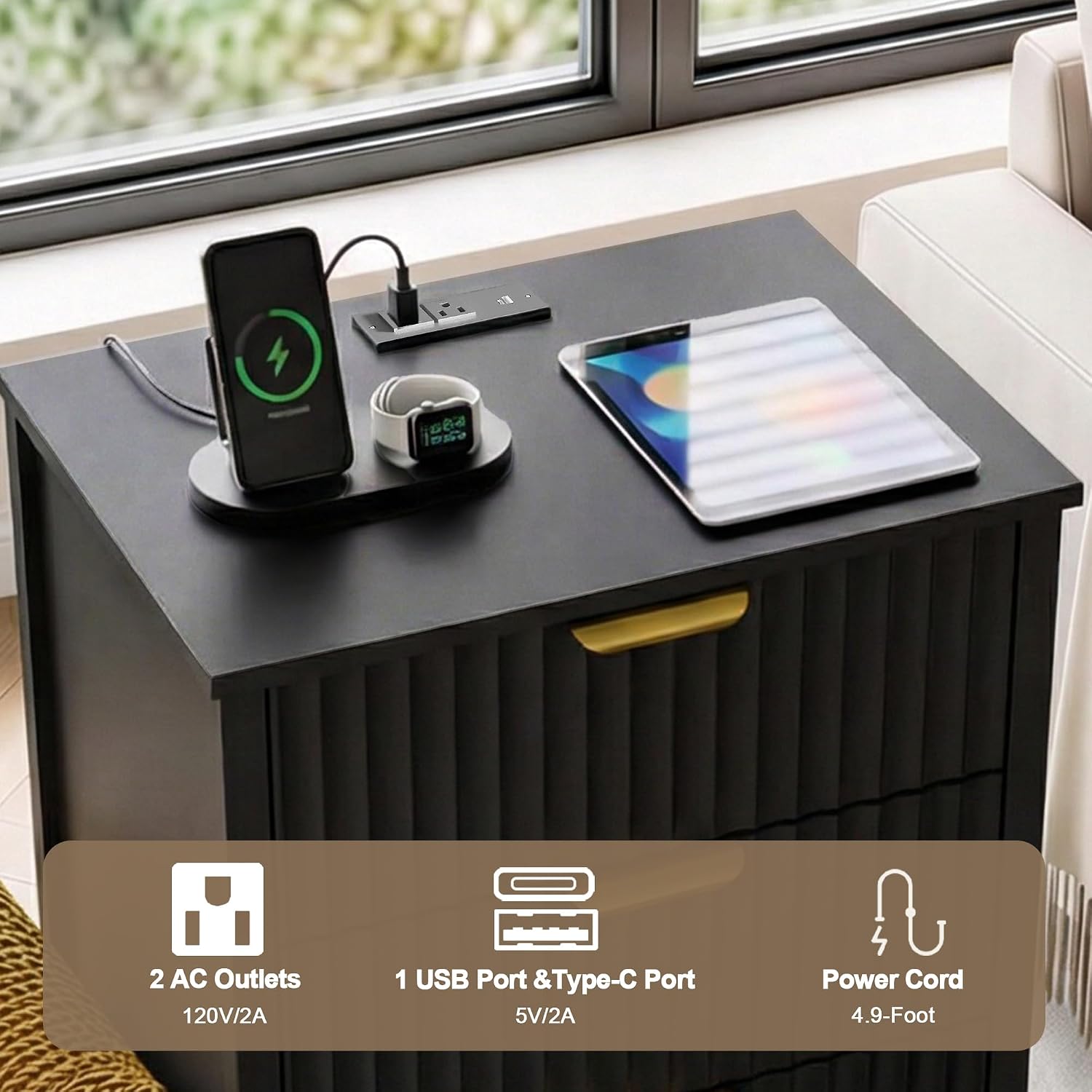 Fluted Nightstand Set of 2, 3 Drawers Modern | Metal Handles, Large Bedside Table, Bedroom, Charging Stations With USB-C Port, Black
