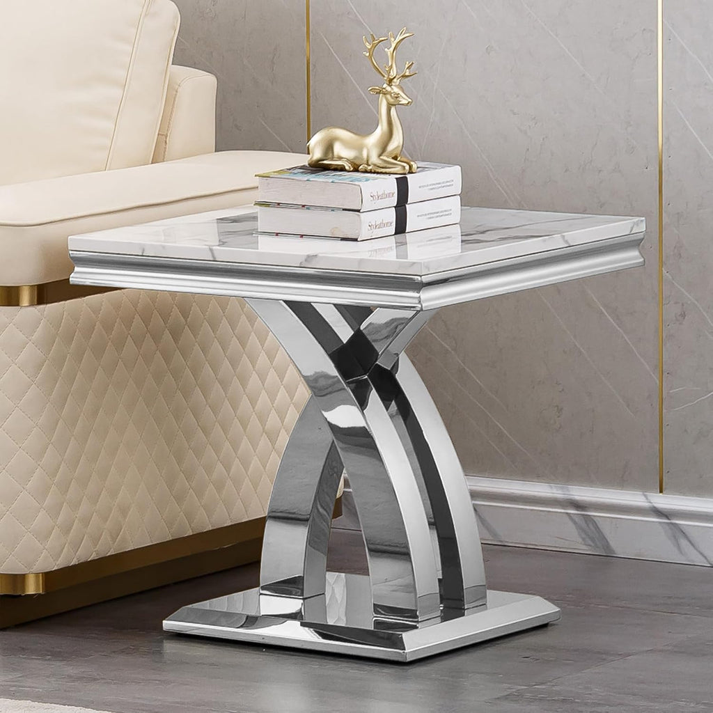Modern Marble End Table Luxury White Faux Marble Sofa Side Table with Silver Mirrored Stainless Steel Base Square Bedside Tables Nightstand for Living Room Bedroom Office