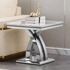 Modern Marble End Table Luxury White Faux Marble Sofa Side Table with Silver Mirrored Stainless Steel Base Square Bedside Tables Nightstand for Living Room Bedroom Office