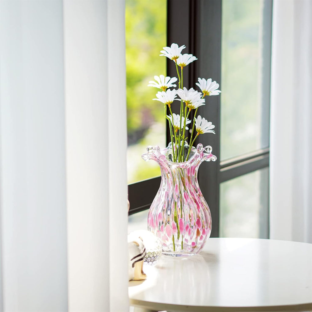 QFkris Handblown Glass Vase, Modern Art Flower Vase with Pink Petal Decorative for Home Decor, 8.5 inch Tall for Living Room Dining Tabletop Centerpiece Statement Office Decoration