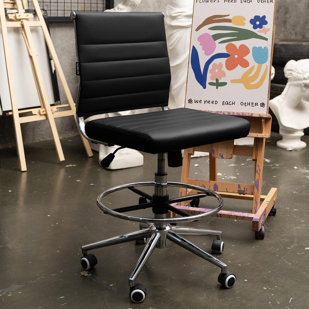 Okeysen Drafting Chair Armless Desk Stool, 400 LBS Ergonomic Leather Tall Office Chair with Adjustable Foot Ring, Modern Standing Desk Chair with Ribbed Mid Back, Swivel Rolling Drafting Stool.