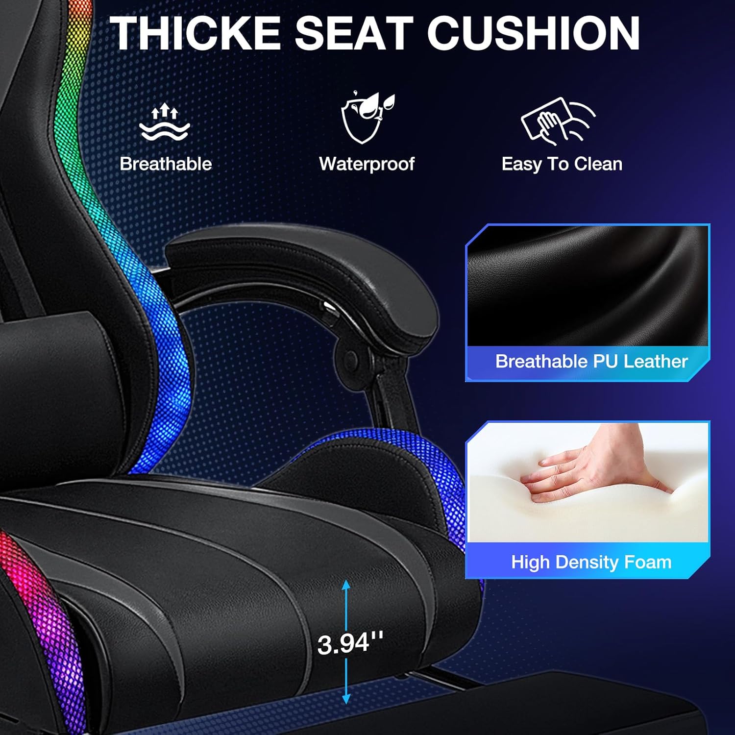 RGB Gaming Chair Massage with LED Lights and Ergonomic Computer Gaming Chair with Footrest High Back Video Game Chairs with Adjustable Lumbar Support Grey and Black