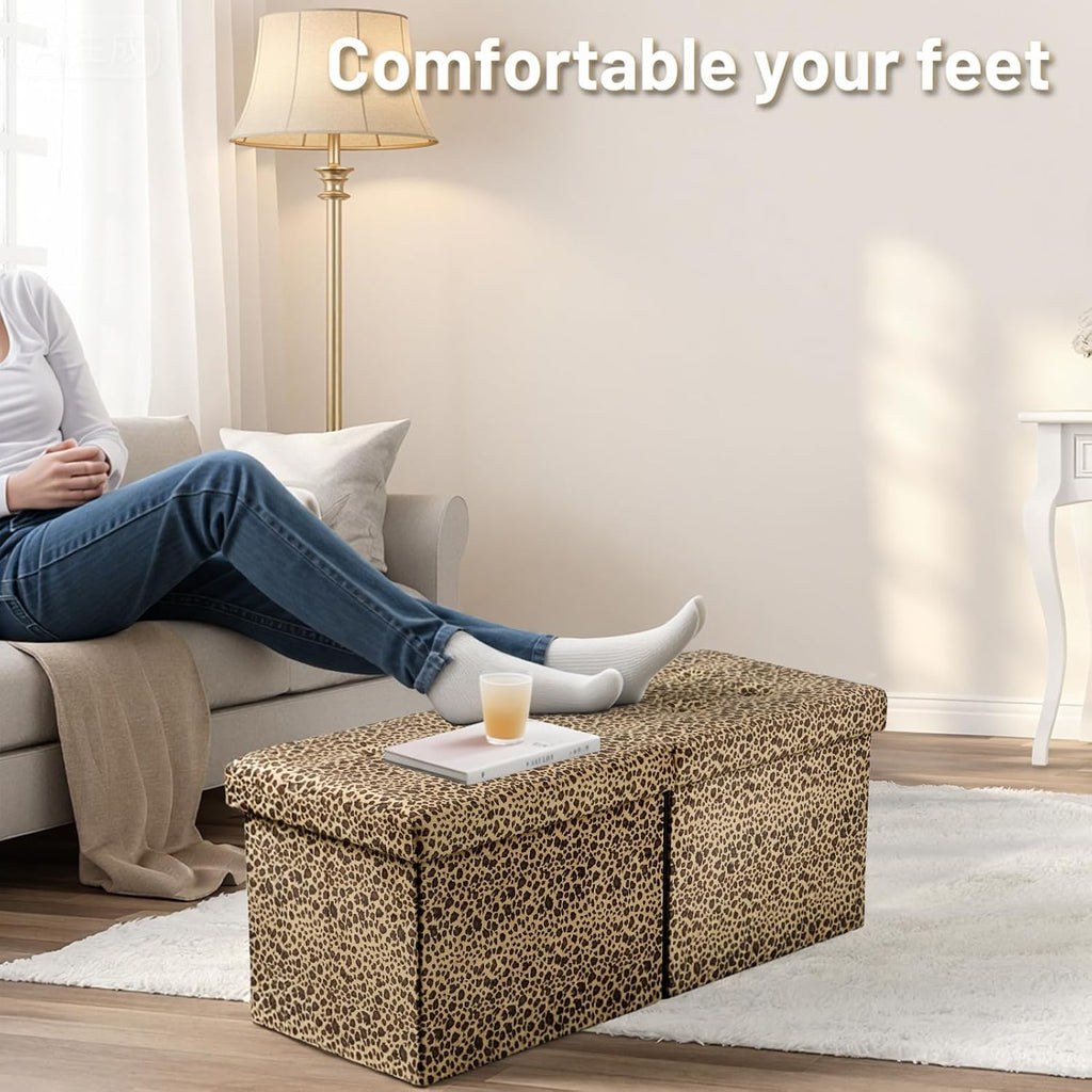 Bsketa Storage Ottoman Bench with Folding Lid Ⅲ, Foot Stools Opens on Both Ends, Footrest Foldable Velvet Chest for Living Room, Bedroom, Entryway, End of Bed Storage Blanket Ottomans Leopard Print
