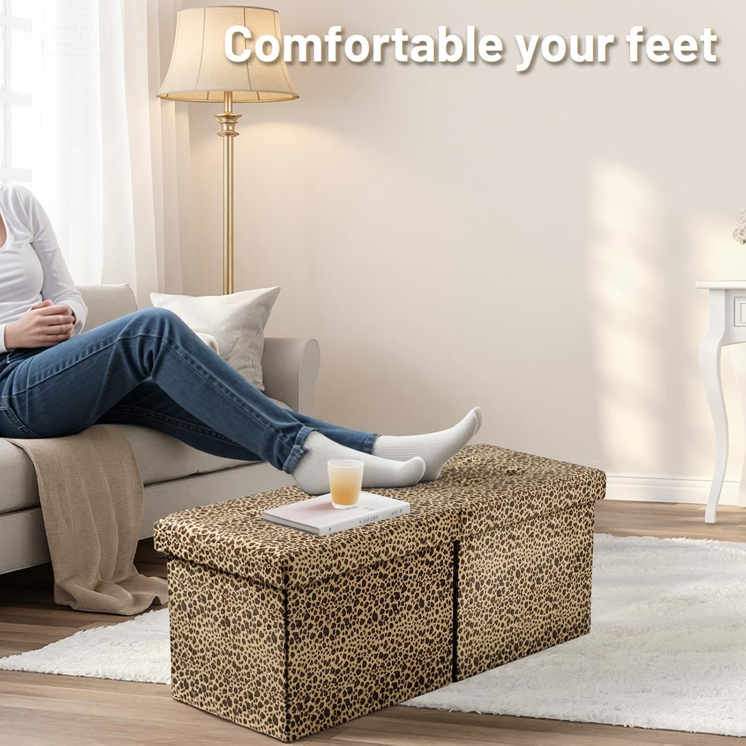Bsketa Storage Ottoman Bench with Folding Lid Ⅲ, Foot Stools Opens on Both Ends, Footrest Foldable Velvet Chest for Living Room, Bedroom, Entryway, End of Bed Storage Blanket Ottomans Leopard Print