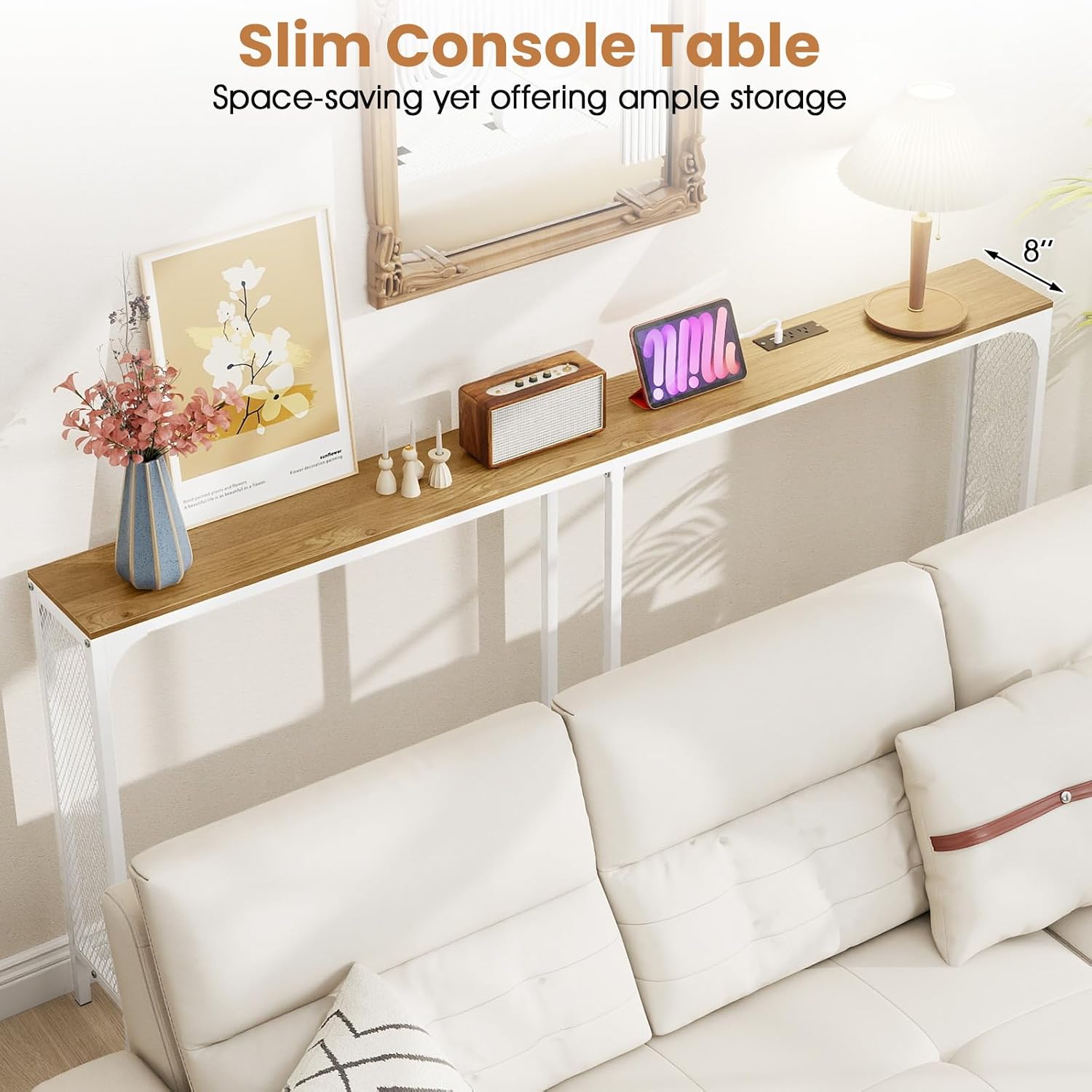 Giantex 71" Narrow Console Table with 2 Power Outlets and USB-C Ports, Sofa Tables with Charging Station & Metal Frame, Skinny Behind Couch Tables, Long Entryway Tables for Living Room, Natural+White