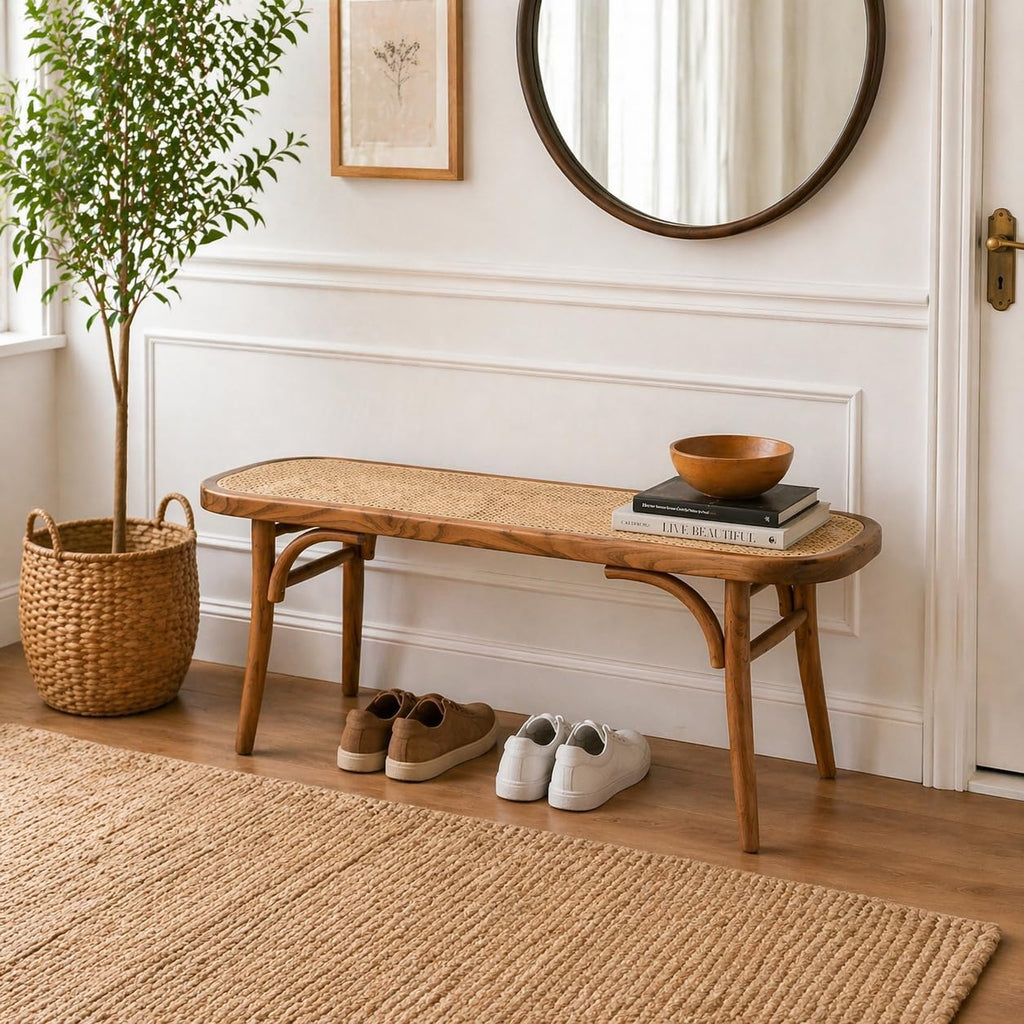 Farmhouse Wood Dining Bench with Rattan Seat, Boho Accent Bench for Entryway Bedroom End of Bed Kitchen Window Small Space
