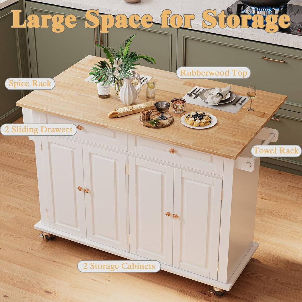 JassmiPkwy 51.2'' Rolling Kitchen Island with Drop Leaf - Kitchen Carts on Wheels with Storage, Towel Rack, Drawers Island Table for Kitchen, Dining Room, White