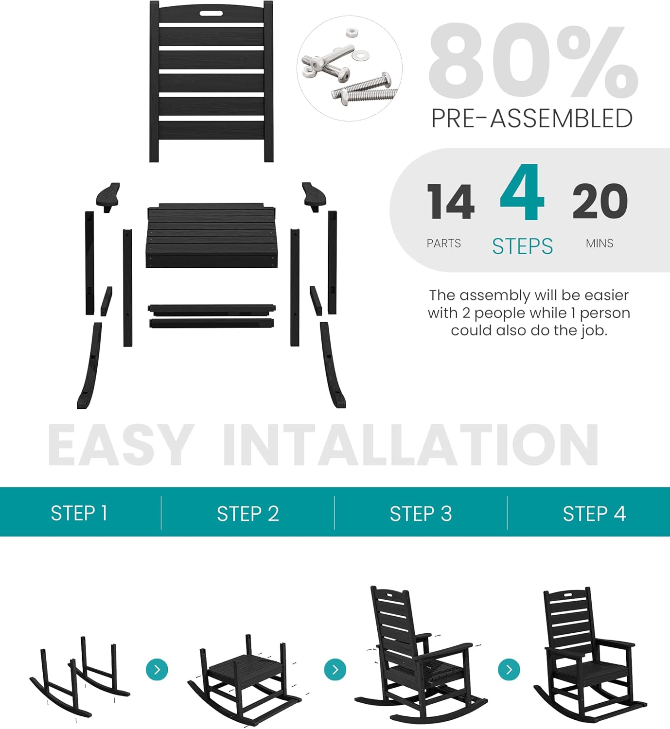 SERWALL Outdoor Rocking Chair Set of 2, Oversized Rocking Chair with Footboard for Adults, HDPE All Weather Resistant Rocking Chairs for Patio, 350lbs Weight Capacity, Black