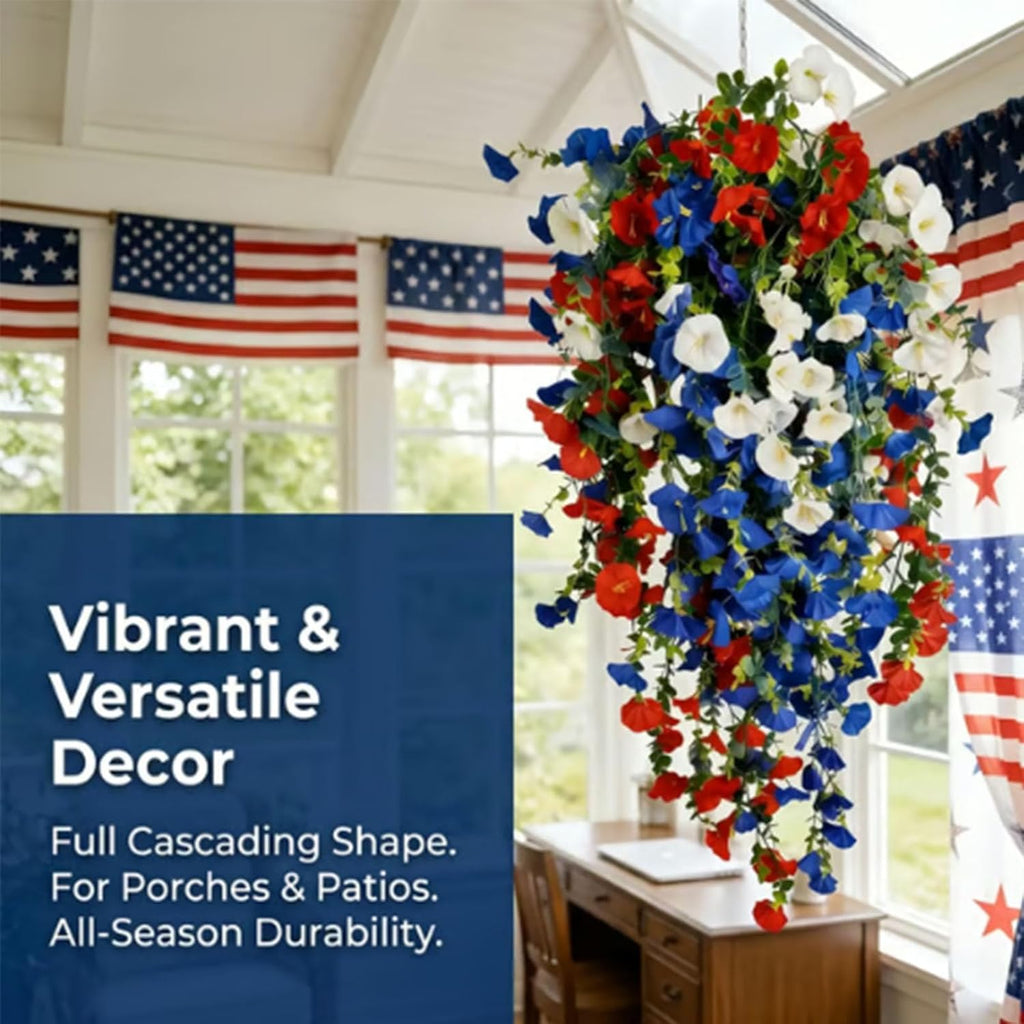 Patriotic Hanging Flower Baskets, Anniversary Porch Decor, red White and Blue Hanging Flowers, Artificial Hanging Plants red White and Blue (Without Light*2)