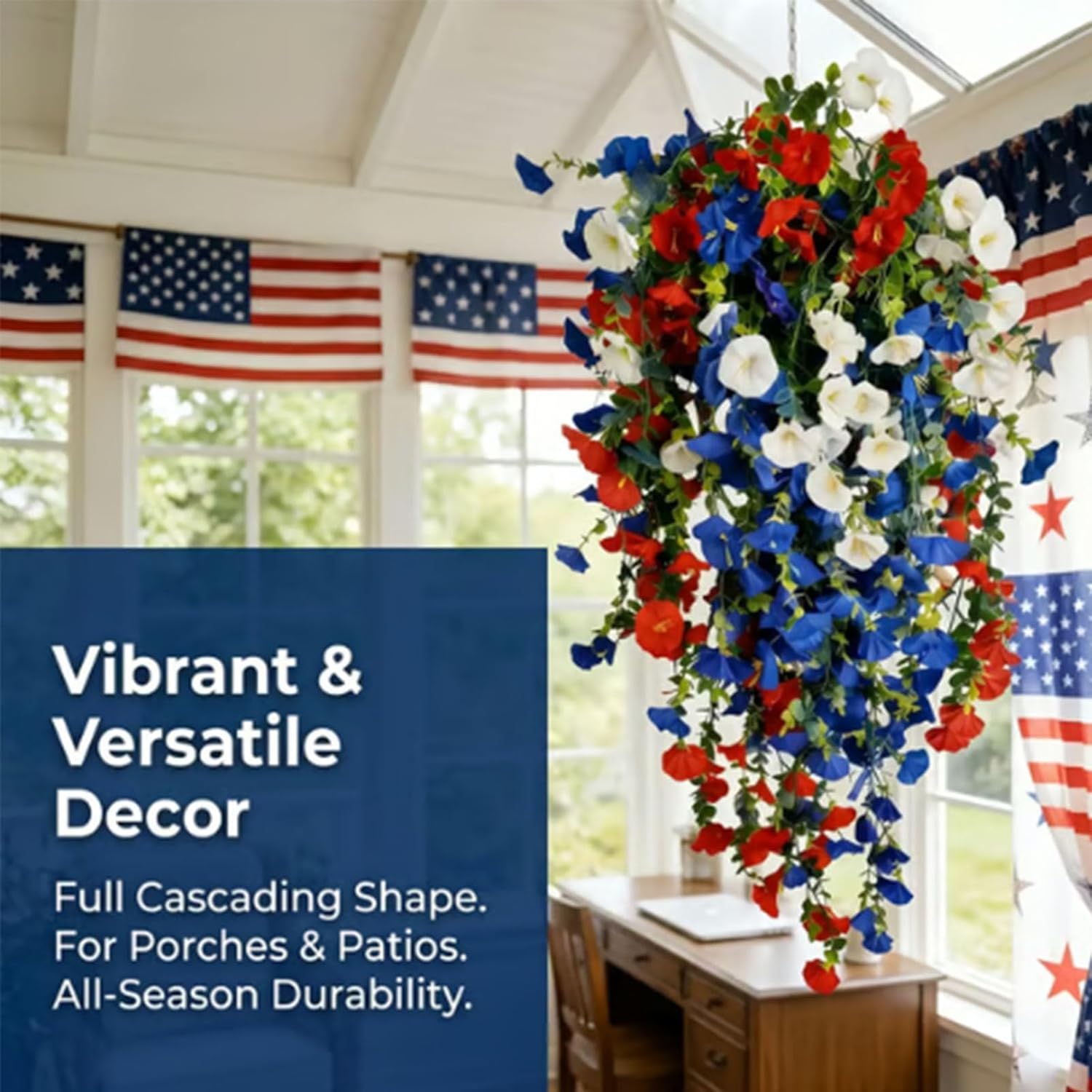 Patriotic Hanging Flower Baskets, Anniversary Porch Decor, red White and Blue Hanging Flowers, Artificial Hanging Plants red White and Blue (Without Light*2)