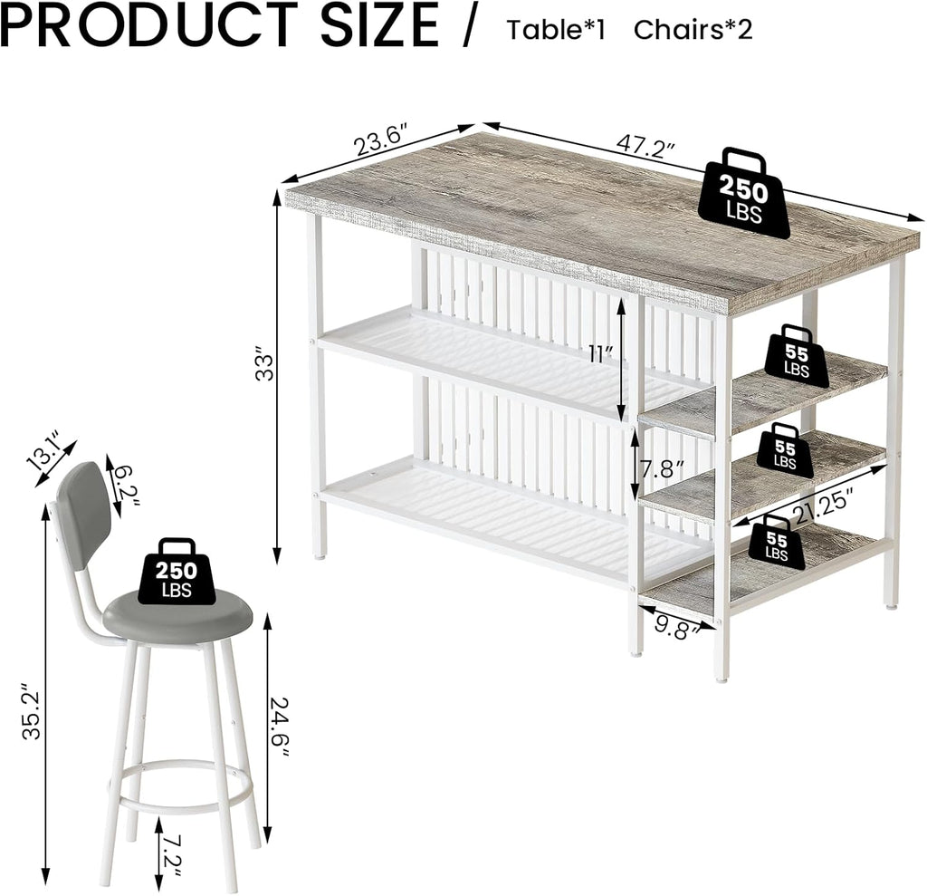Kitchen Island with Storage Small Dining Table for 2, Kitchen Table Chairs Set of 2 Dining Room Set for Small Space (Grey)