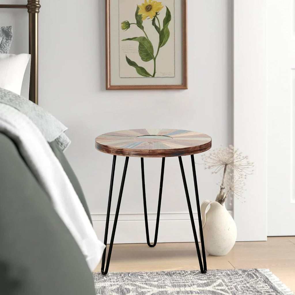 Greeange Solid Wood Round End Table 18" x 18" x 20" Farmhouse Sofa Side Table Multicolor Rustic Boho Accent Coffee Table Furniture for Living Room Bedroom Patio Sun Pattern