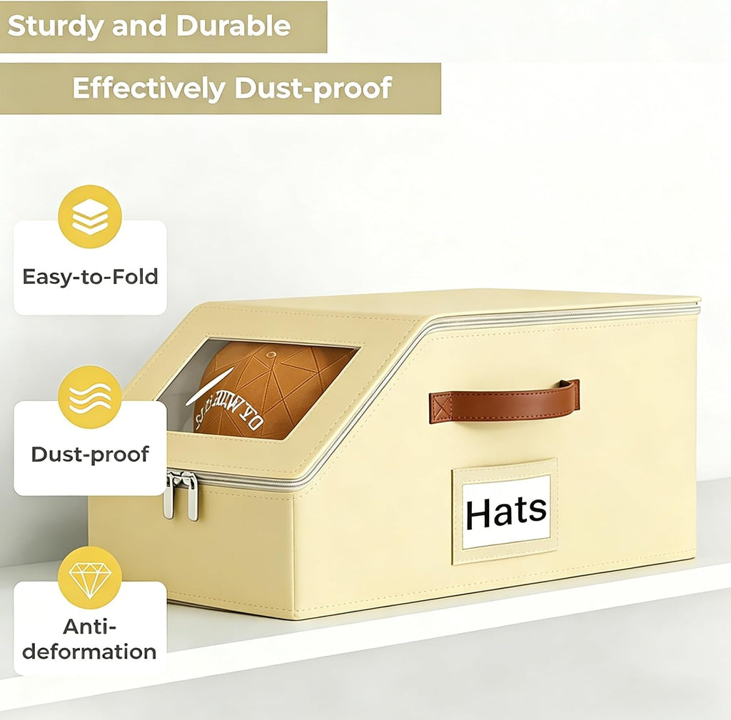 2 Pack Hat Organizer for Women & Men, Foldable Hat Storage Box with Clear Window Lid, Stackable Clear Hat Storage for Baseball, Cowboy Caps, Store up to 28 Caps, Butter Yellow