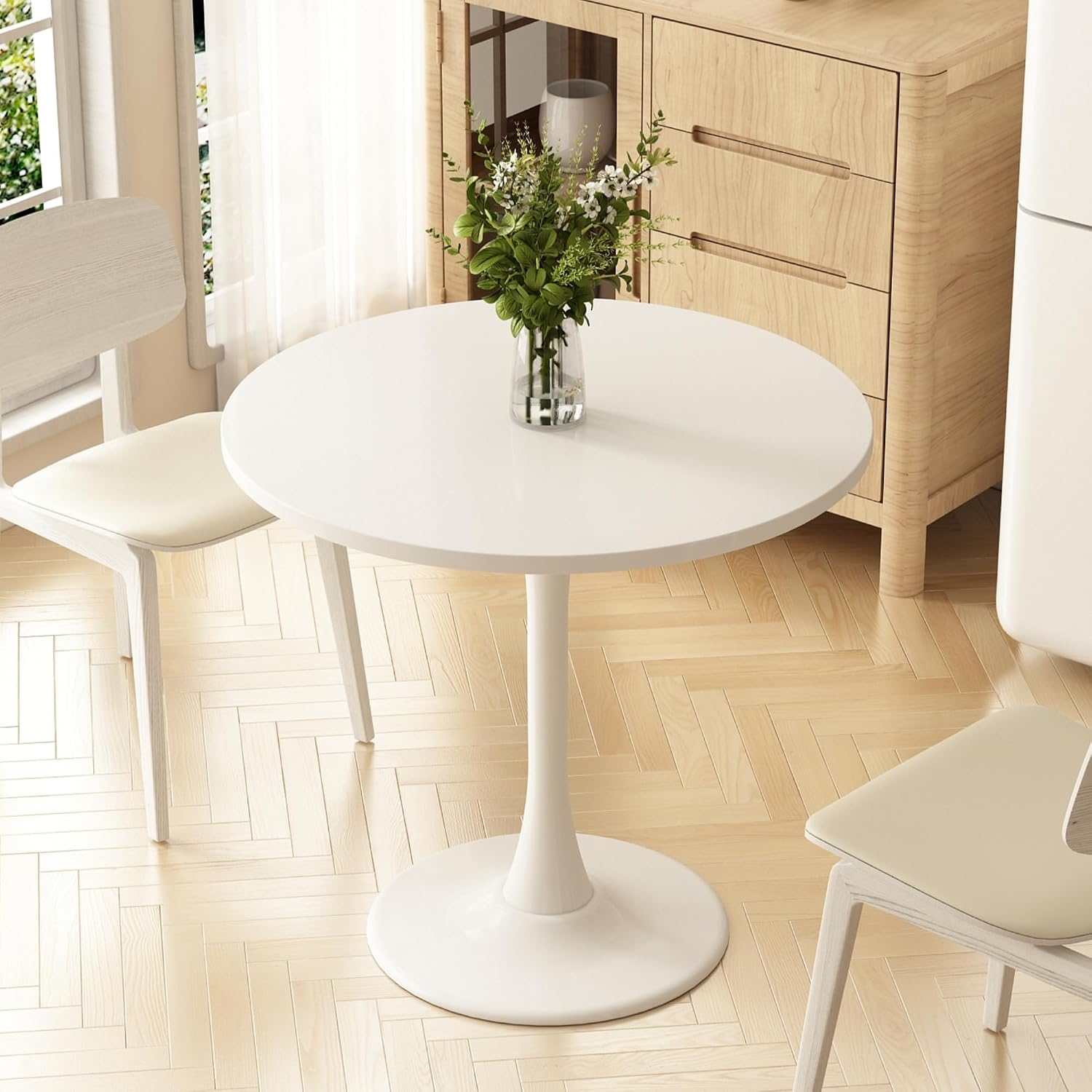 Round Dining Table 30" Circle Tulip Table with Wood Thickened Tabletop & Sturdy Metal Pedestal Mid Century Modern Leisure Bistro Kitchen Tables 4 People Small Places Living Room Cafe,White