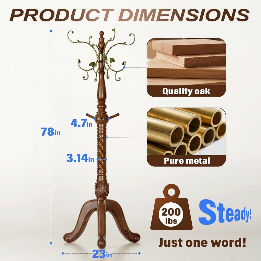 Solid Wood Freestanding Coat Rack, 15 Hooks (12 Metal+3 Wood) Heavy Duty Coat Tree with Triangle Base, 220LBS Load, 78 Inch Tall Walnut Hall Tree for Entryway Bedroom Office