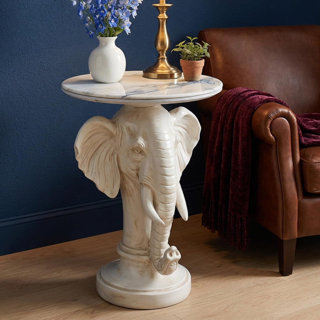 Elephant End Table – 25.98in Tall Artificial Marble Top Decorative Accent Table with Resin Sculpture Base, Perfect for Living Room, Bedroom, Entryway