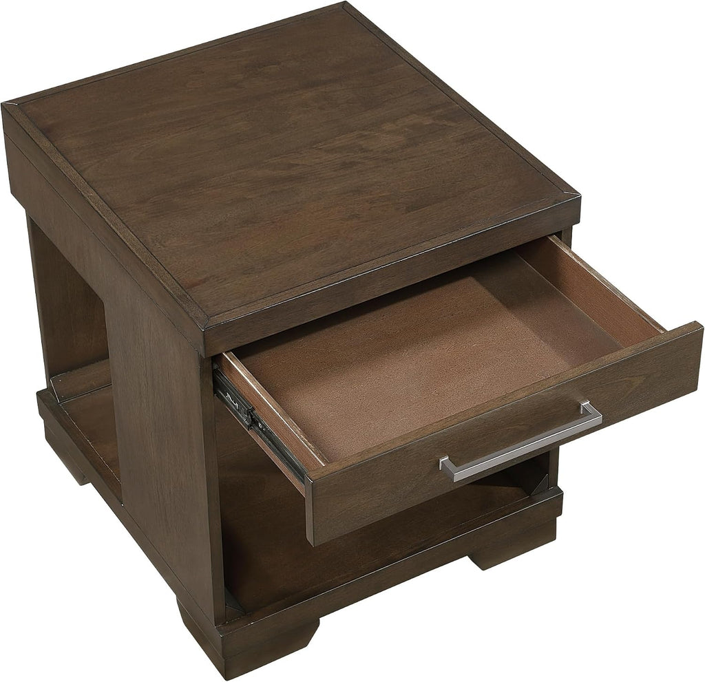 Penau Modern Rectangular End Table Espresso Finish, Dovetail Drawer with Nickel Tone Bar Pull, Lower Open Shelf, Mango Veneer and Engineered Wood, 22 x 24 x 24 Inchs