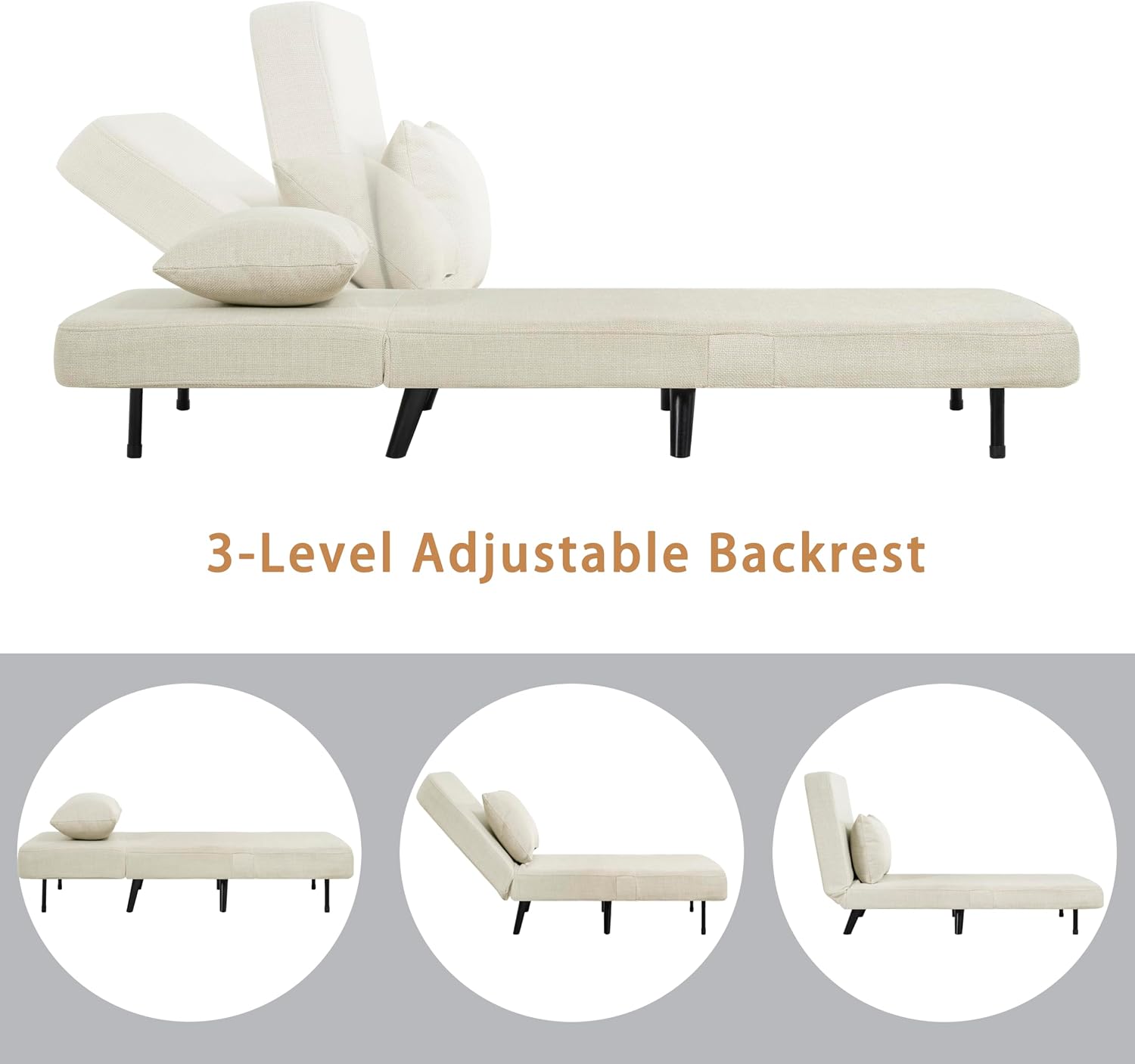 3 in 1 Foldable Sleeper Chair Bed, Convertible Sofa Bed with Adjustable Backrest, Footrest & Detachable Pillow, Linen Chaise Lounge, Accent Chair for Living Room, Bedroom and Office (Beige)