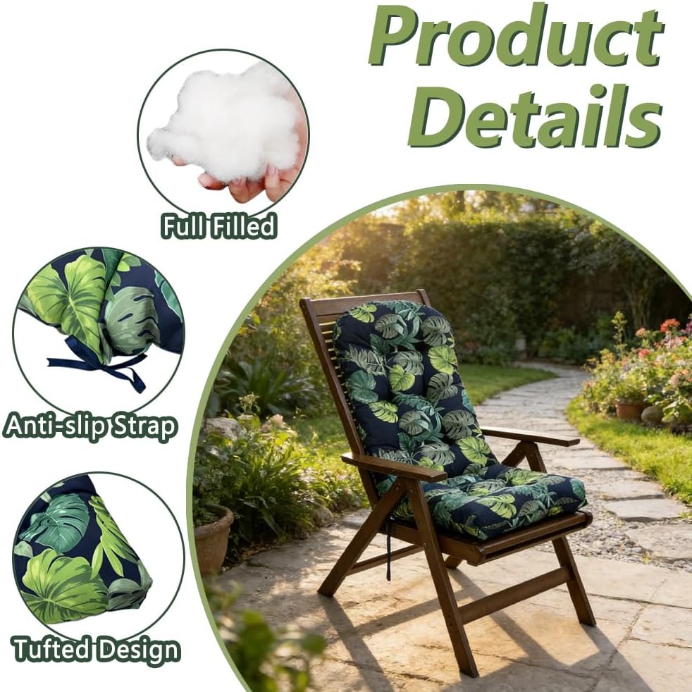Indoor/Outdoor Rocking Chair Cushion Waterproof 43.3×19.7 in-All Weather Patio&High Back Chair Cushions with Ties,Thicken Outdoor Garden Furniture Chair Pads Replacement (Green Leaf)