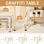 Hulaibit Kids Table and 2 Chairs Set, Height Adjustable Toddler Table and Chairs with Anti-Slip Foot Covers, Graffiti Desktop Arts & Crafts Table for Daycare, Classroom