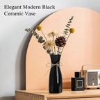 Small Vase Black Ceramic Jute Rope Simple Vases for Home Decor Minimalist Modern Flower Vase Elegant Decorative Glossy Vase for Pampas Grass, Office, Living Room, Mantel and Bedroom Décor