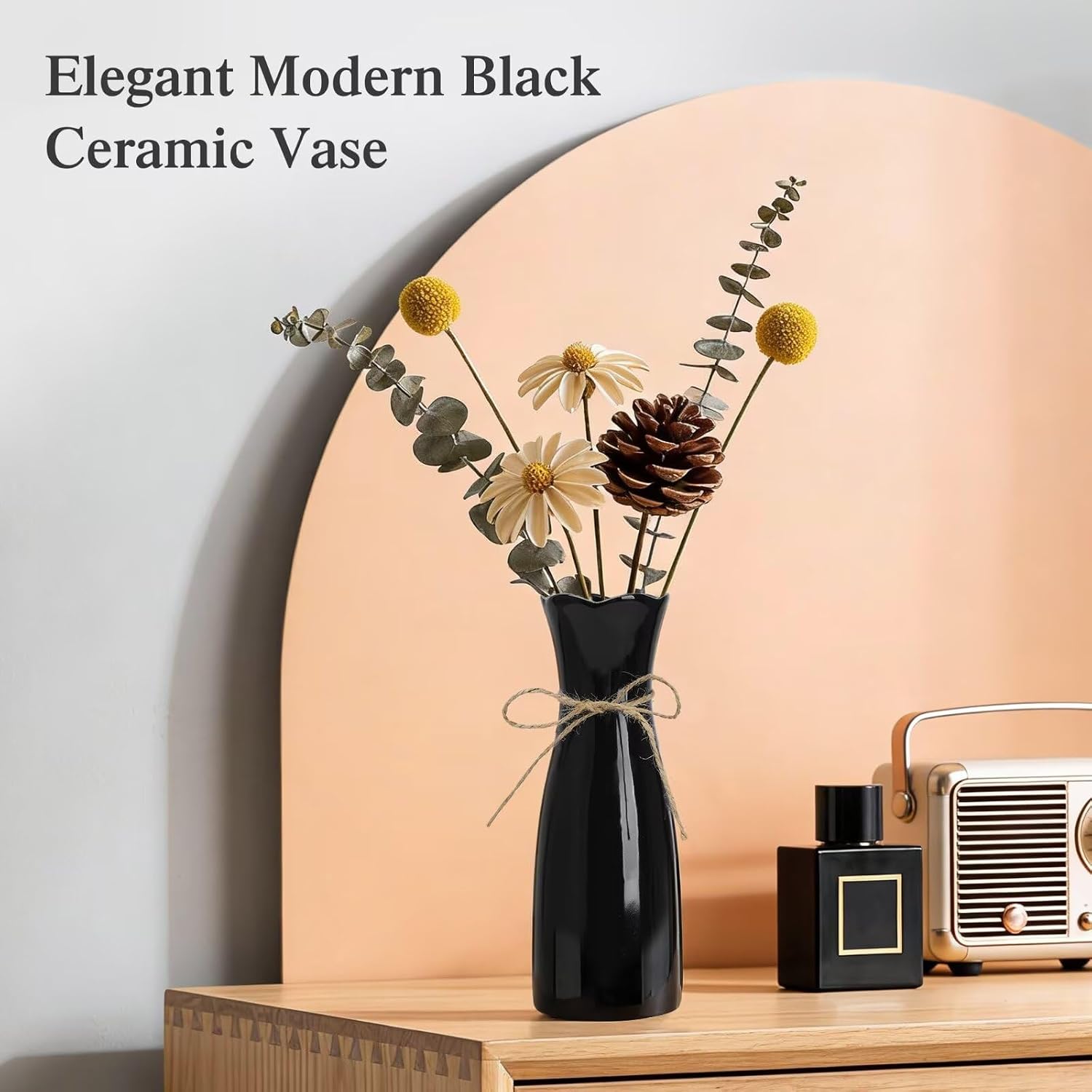 Small Vase Black Ceramic Jute Rope Simple Vases for Home Decor Minimalist Modern Flower Vase Elegant Decorative Glossy Vase for Pampas Grass, Office, Living Room, Mantel and Bedroom Décor