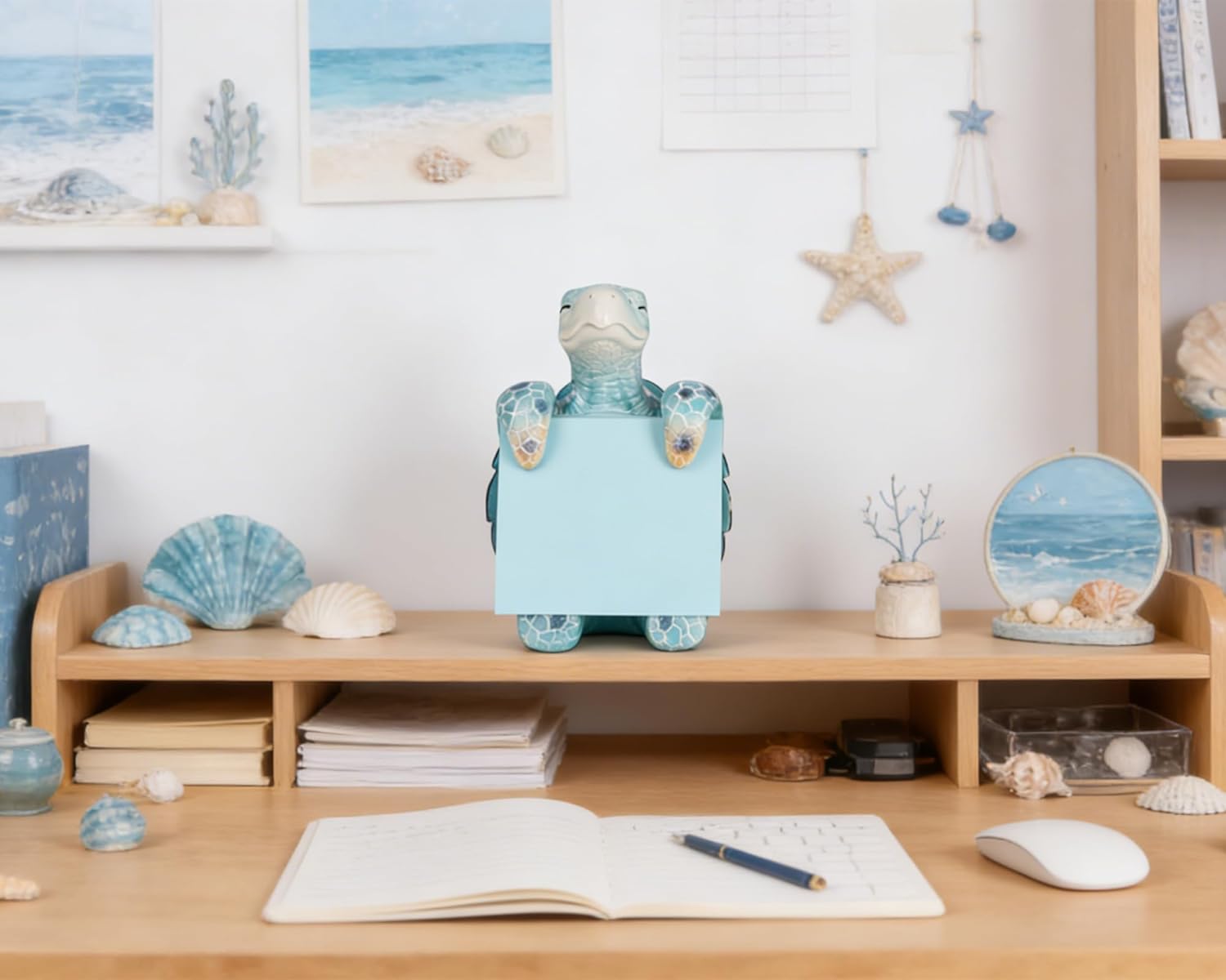 Sea Turtle Pop-Up Sticky Note Dispenser with 100 Sheets 3 x 3 Inch Notes, Handmade Resin Sea Turtle Desk Decor for Office, Home & Classroom, Gift for Teachers & Coworkers - Blue