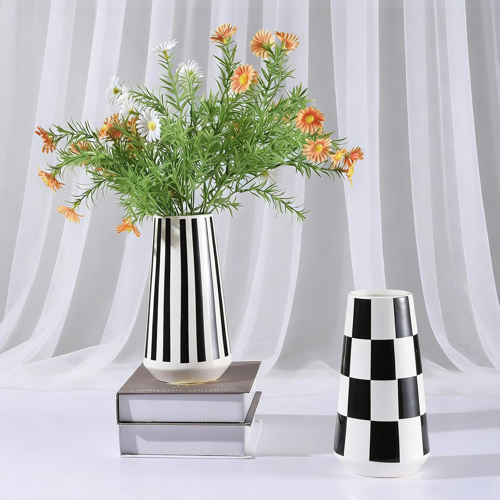 2 Pcs Black and White Ceramic Vase, Mid Century Modern Striped & Checkered Vases for Flower & Pampas Grass Centerpiece, Minimalist Decorative Vase for Dining Table Kitchen Tabletop