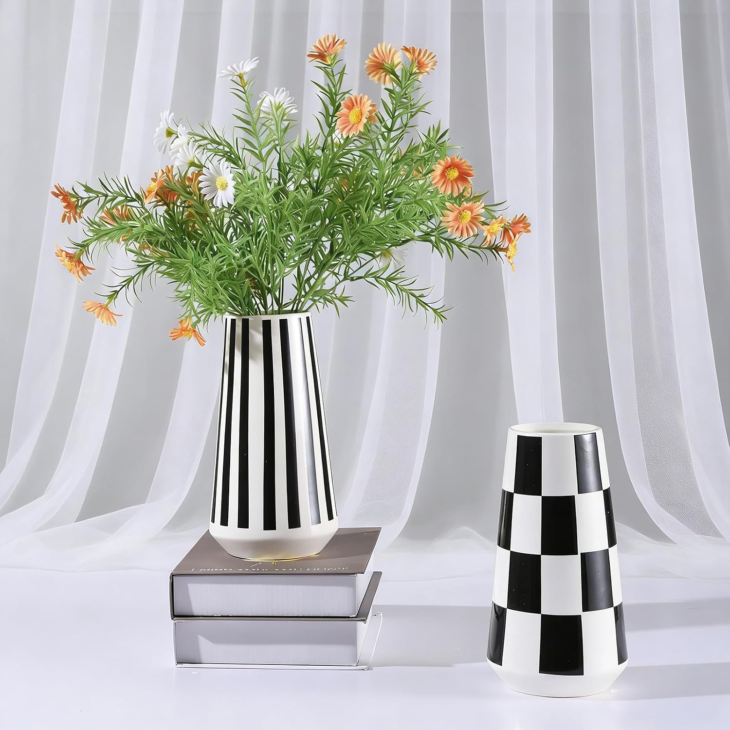 2 Pcs Black and White Ceramic Vase, Mid Century Modern Striped & Checkered Vases for Flower & Pampas Grass Centerpiece, Minimalist Decorative Vase for Dining Table Kitchen Tabletop