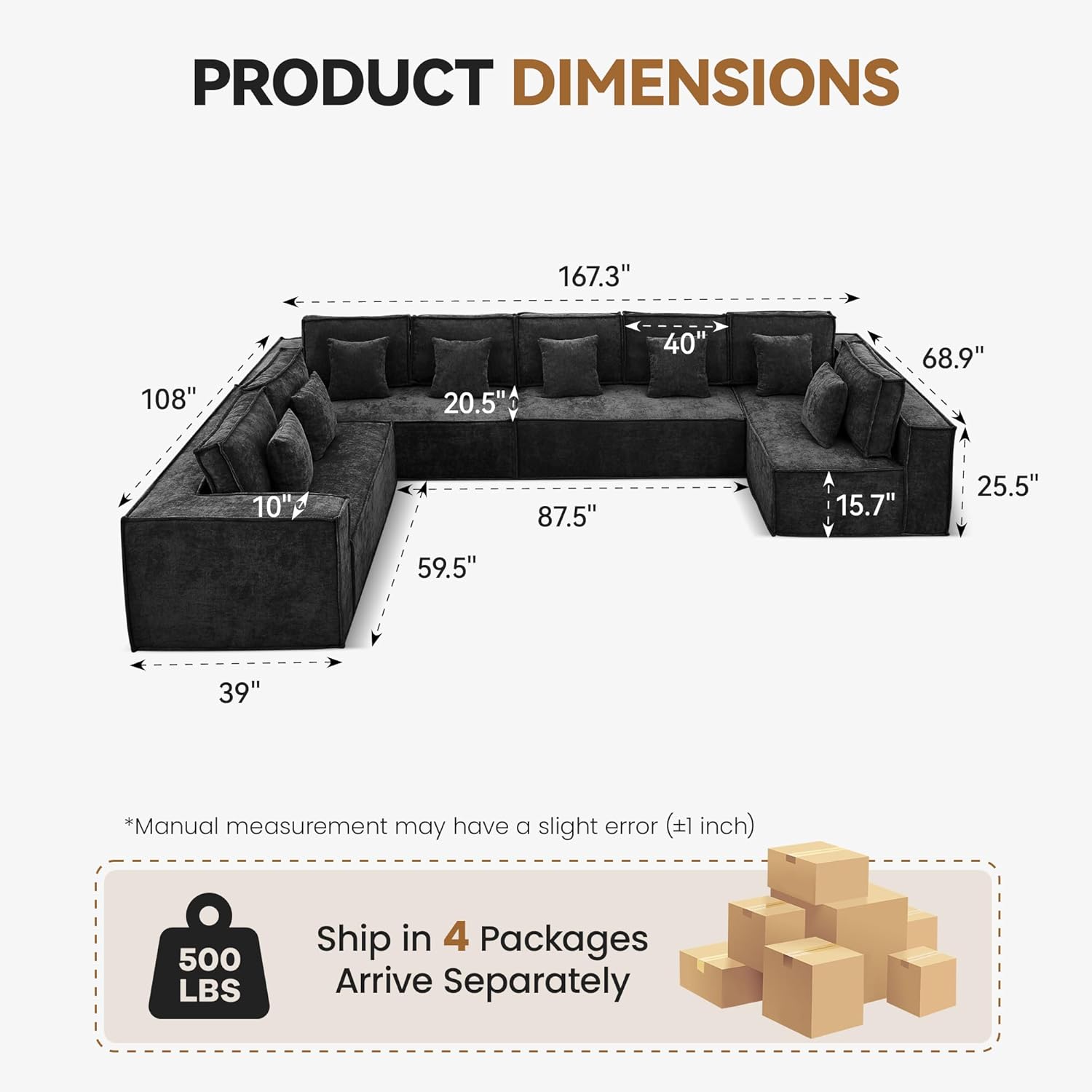 167'' Boneless Chenille U Shaped Couch, Oversized Modular Sectional 8 Seater Sofa, Modern Deep Seat Corner Cloud Compressed Couch, No Assembly Sleeper Sofa with Chaise for Living Room, Black