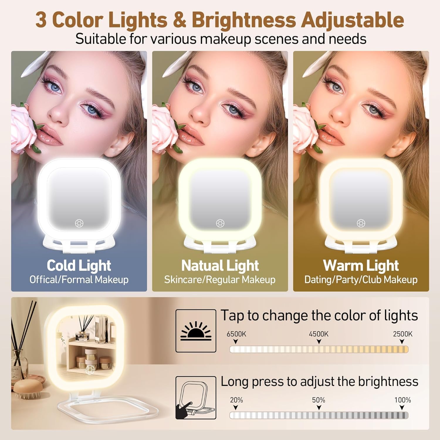 GOMIPURU Travel Mirror with Light, Compact Mirrors, 1x/30x Magnifying Mirror with 3 Color Lights and Adjustable Brightness, 4.5x3.9 inch Small Compact Hangable Hand Pocket Mirrors, Comes with Tweezer
