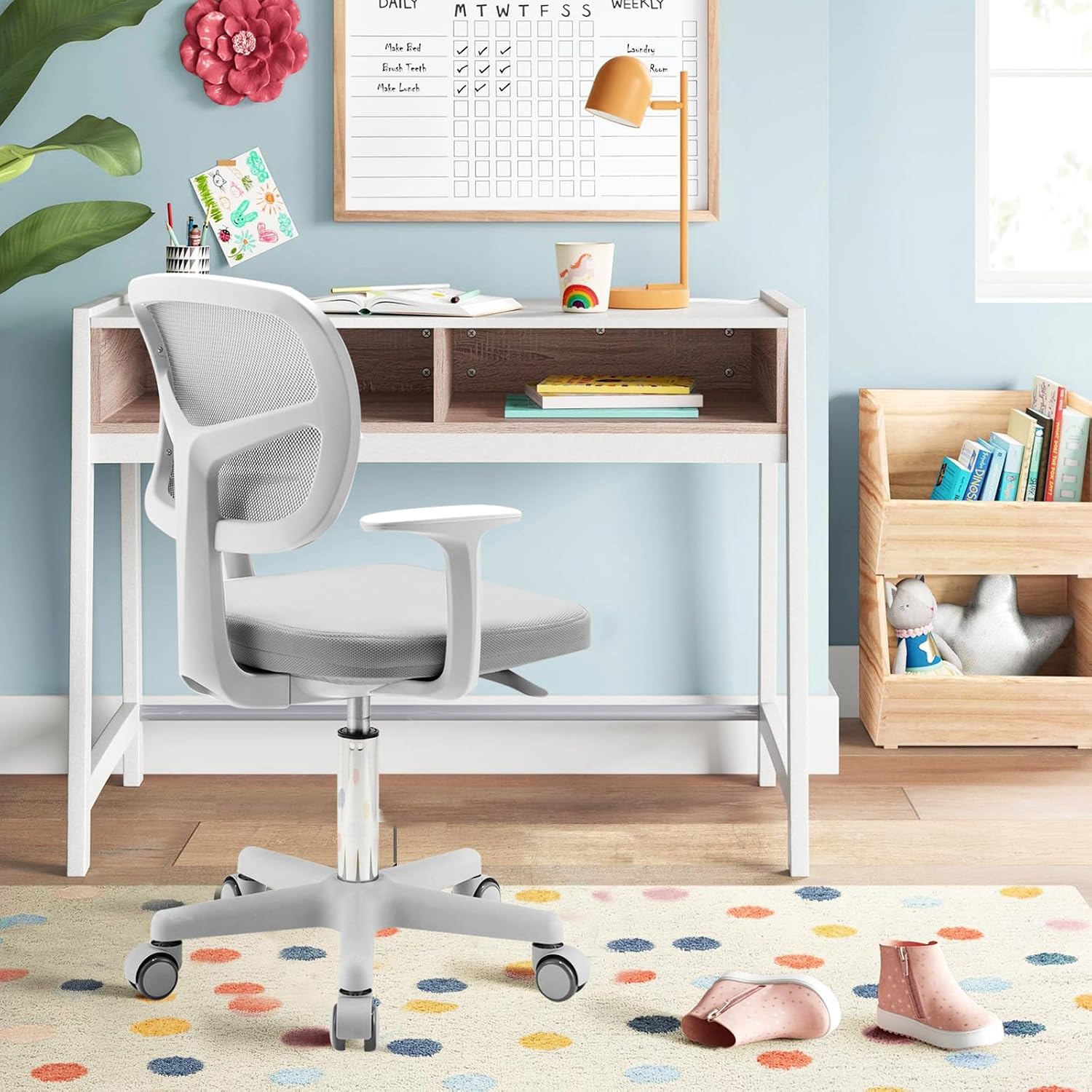 Kids Desk Chair, Height Adjustable Children Study Chair w/Lumbar Support, Swivel Mesh Seat, Universal Casters, Ergonomic Kids Task Chair for Boys Girls Aged 3-10, Home, School, Office(Grey)