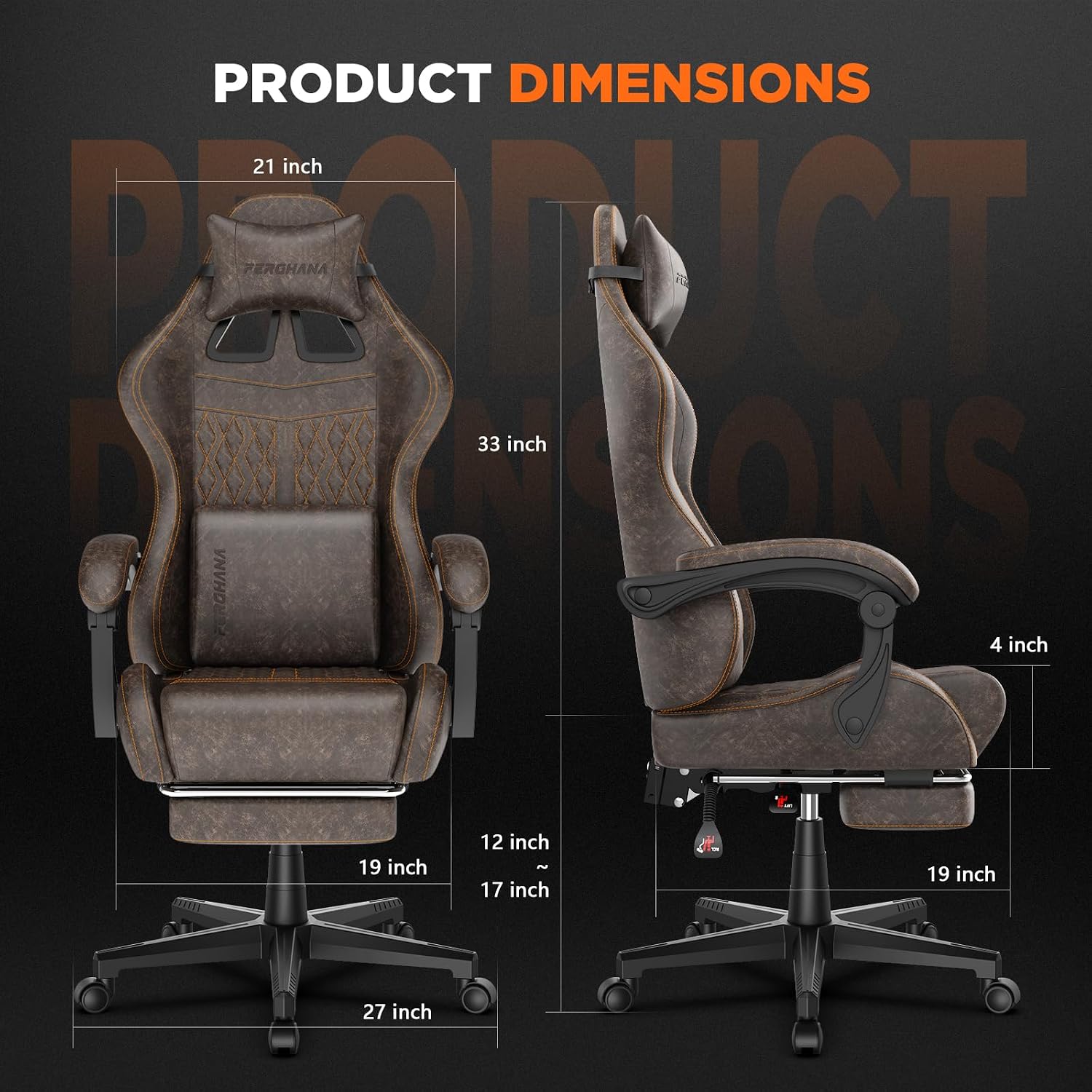Ferghana Vintage PU Leather Gaming Chair, High Back Gamer Chair with Massage, Ergonomic Computer Office Chair with Footrest for Adults, Racing Style Reclining Video Game Chair Brown