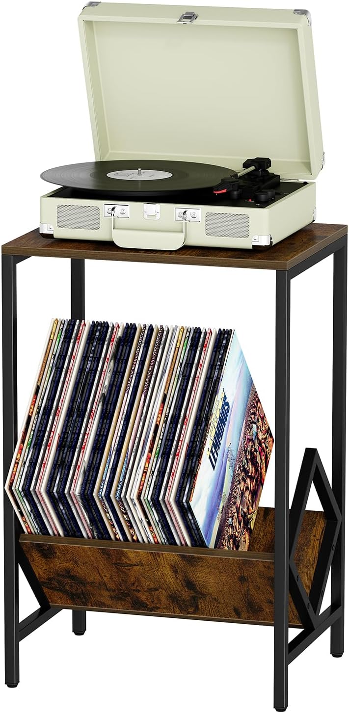 2 Tier End Table, Side Table, Record Player Stand with Storage Up to 100 Albums, Vinyl Record Storage, Turntable Stand for Vinyl, Brown Records Player Table for Living Room Bedroom