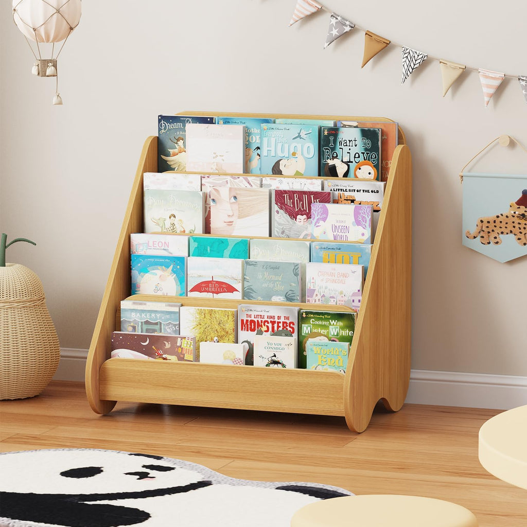 Lkeiyay Montessori Kids Bookshelf, Wooden 4-Tier Front Facing Book Organizer for Nursery Classroom Kids Room