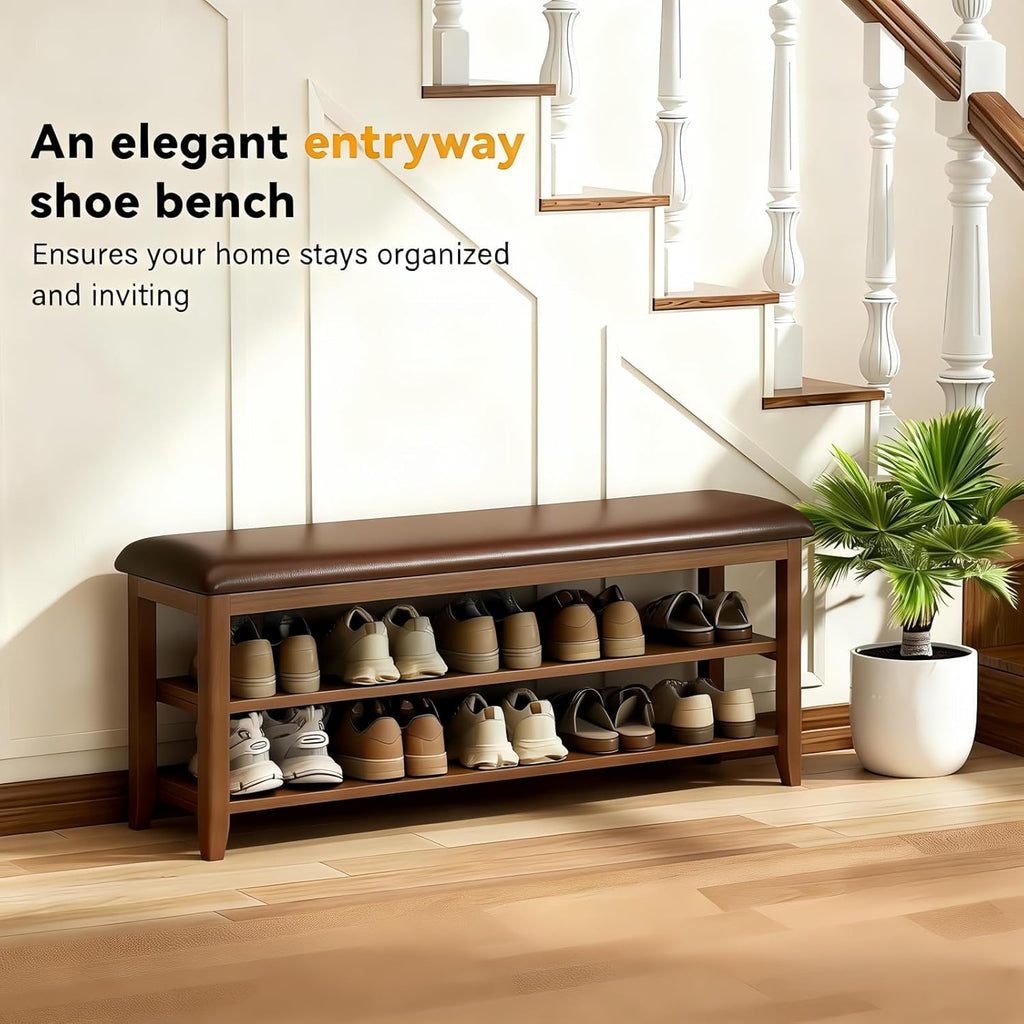 Shoe Bench Storage with Leather Cushion, Rustic Solid Wood Entryway Bench with 2 Height-Adjustable and Removable Shelves for Hallway, Living Room, Mudrooms (Dark Brown,47.2")
