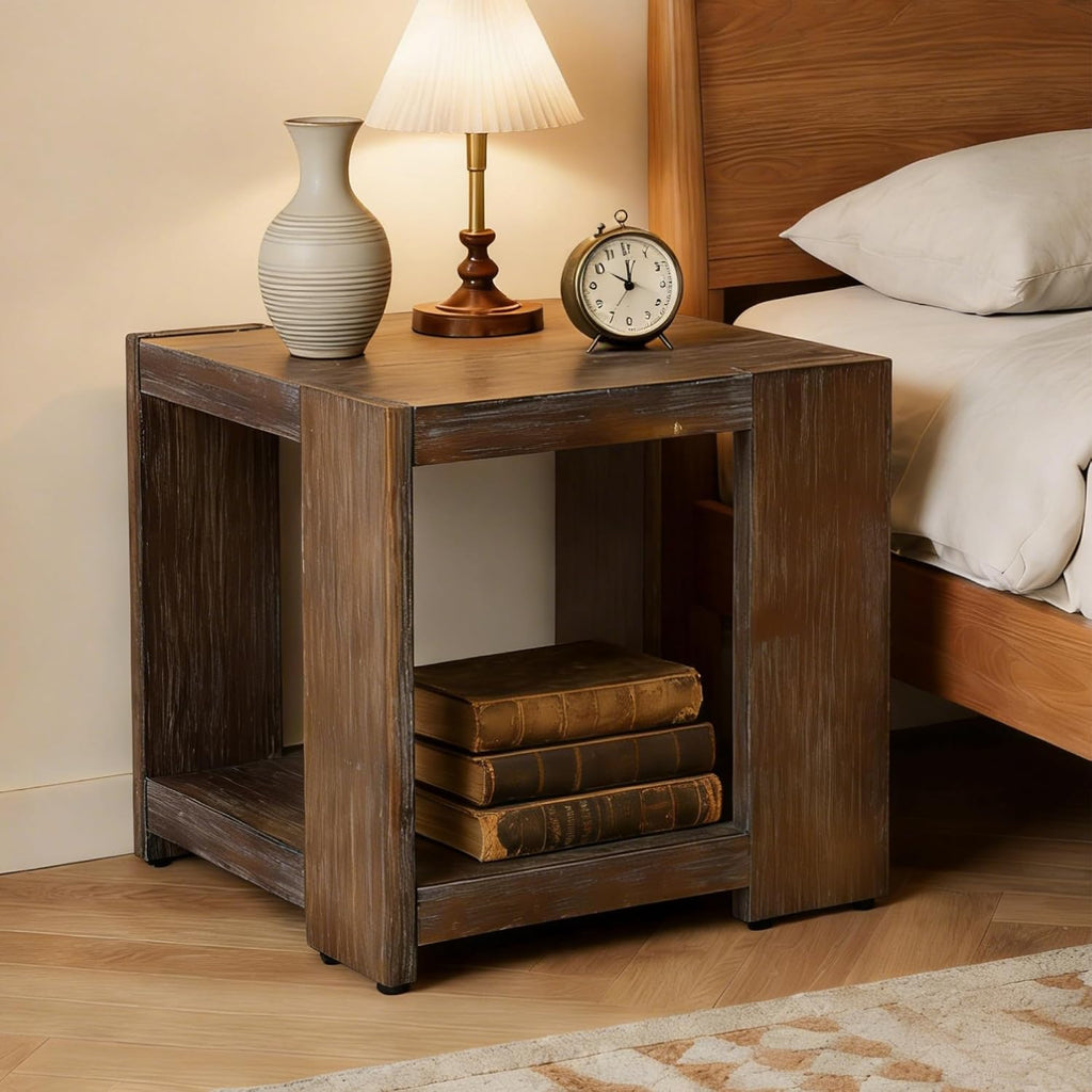 chairus Wood End Table, Nightstand with 2-Layer Storage Shelves, Rectangular Side Table for Sofa/Couch/Bedroom, Brown