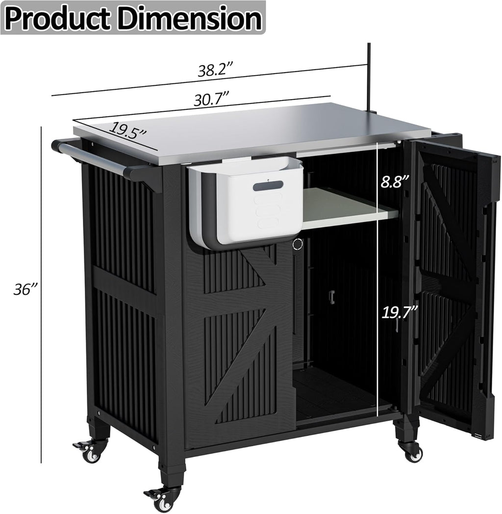 Spurgehom Outdoor Grill Cart with Storage Movable Outdoor Grill Table Kitchen Island with Wheels, BBQ Cart Pizza Oven Table Food Prep Table Cart Storage Cabinet for Outside Patio Backyard Garden