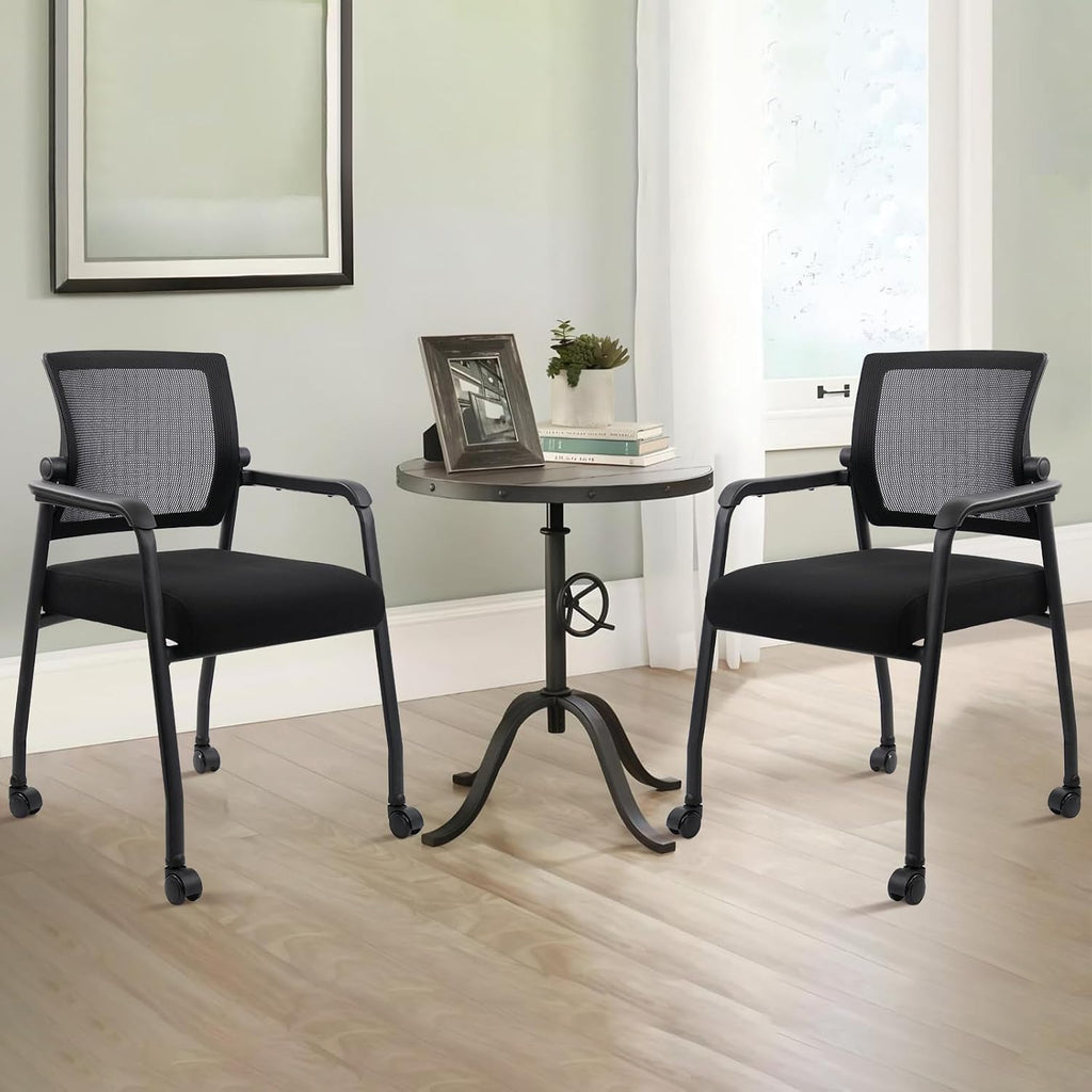 KLASIKA Ergonomic Mesh Back Armchairs with Non-Slip Mute Casters and Upholstered Fabric Thickened Seat, Reception Guest Chair with Lumbar Support for School Church Office Conference Room, Black 8Pack