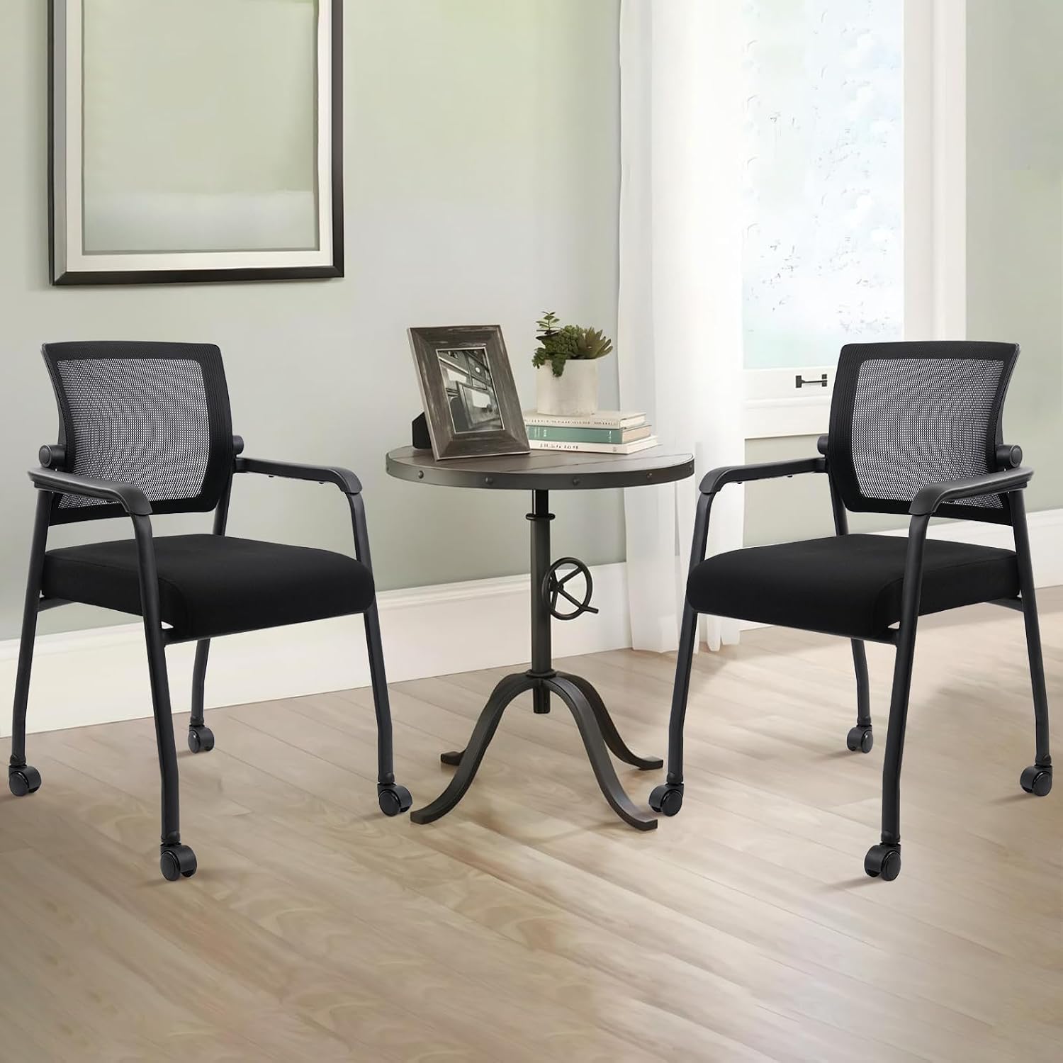 KLASIKA Ergonomic Mesh Back Armchairs with Non-Slip Mute Casters and Upholstered Fabric Thickened Seat, Reception Guest Chair with Lumbar Support for School Church Office Conference Room, Black 8Pack