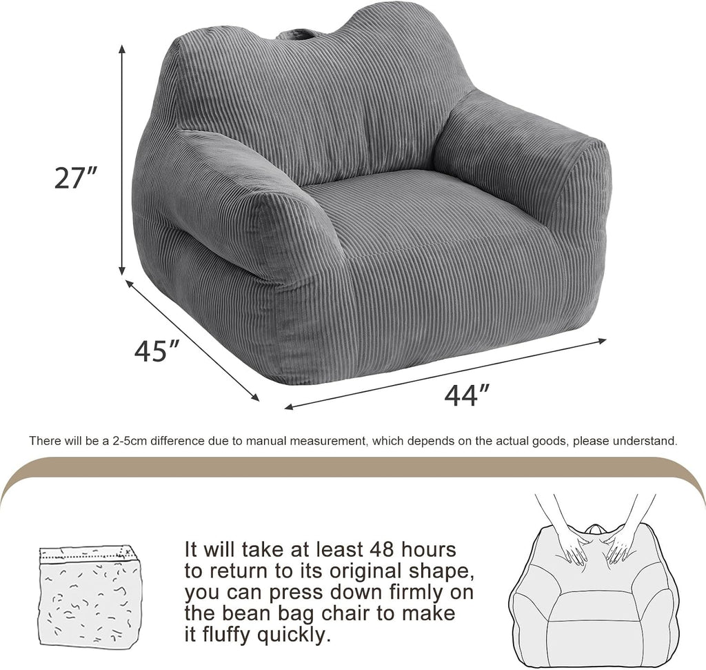 HUGHEAVEN Big Bean Bag Chair for Adults, Giant Oversized Bean Bag Couch, Comfy Reading Chair with Armrests, Soft Cozy Chair for Bedroom, Lounge Sofa for Gaming, Napping & Relaxing, Grey