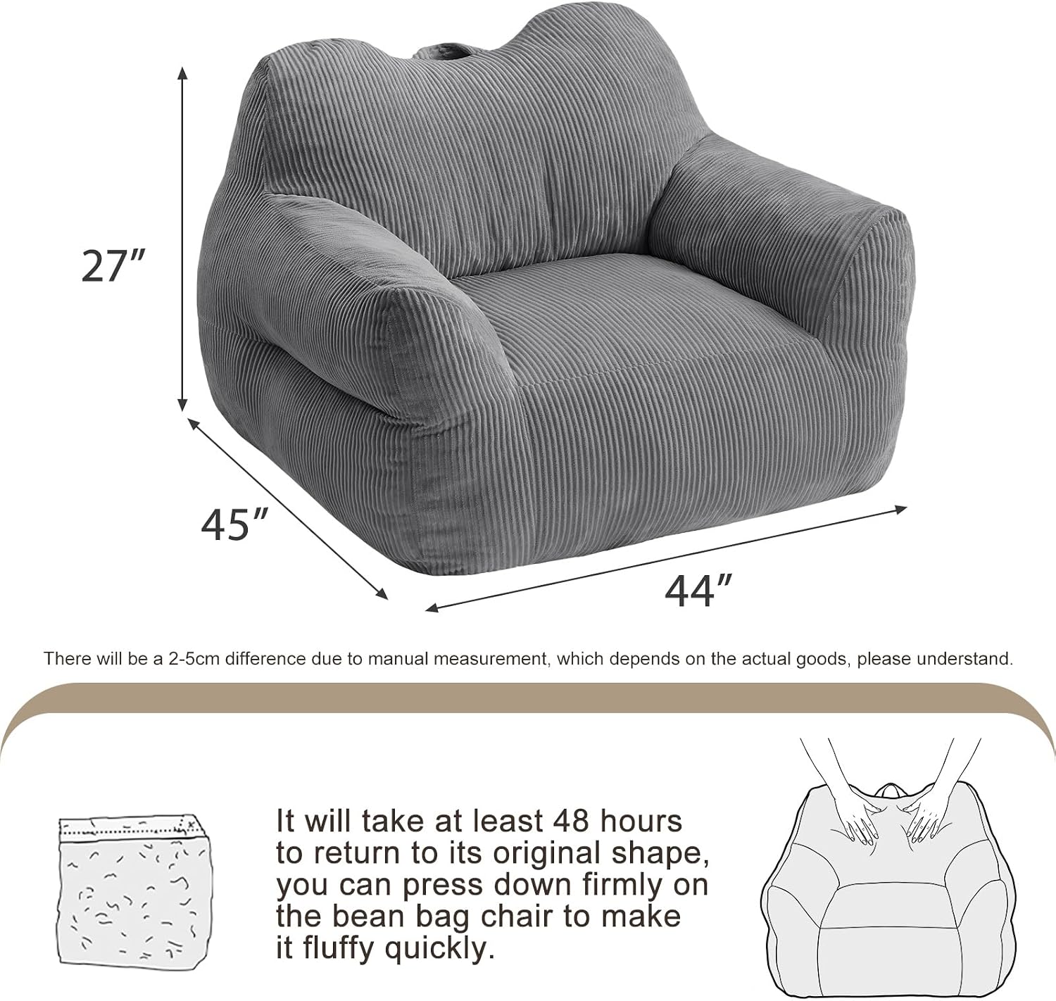 HUGHEAVEN Big Bean Bag Chair for Adults, Giant Oversized Bean Bag Couch, Comfy Reading Chair with Armrests, Soft Cozy Chair for Bedroom, Lounge Sofa for Gaming, Napping & Relaxing, Grey