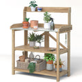 ARNOT Potting Bench, Enhanced 3-Shelf Potting Benches for Outdoors, Wooden Garden Potting Bench Tables W/Metal Tabletop & Cabinet Drawer, 3 Hooks